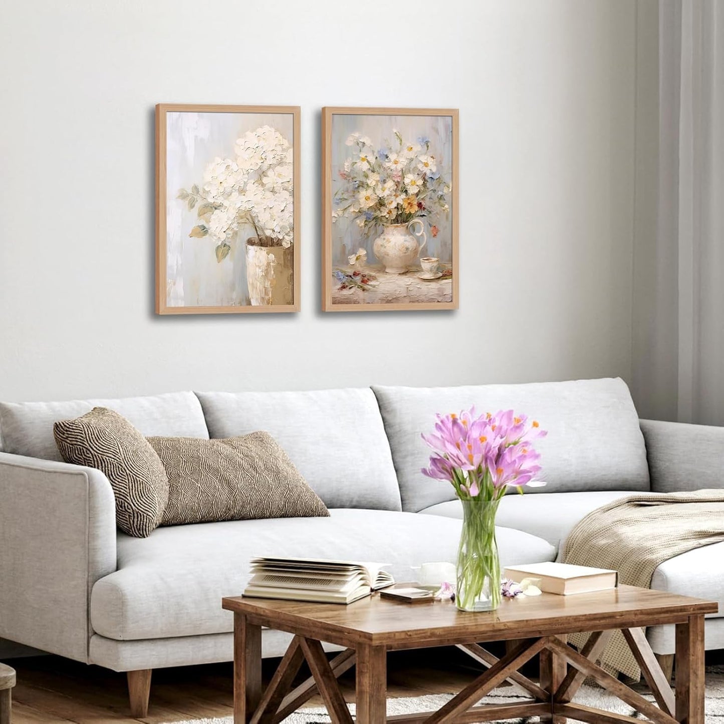 2Pcs Framed Vintage Canvas Wall Art, White Hydrangea Floral daisy Wall Decor Paintings, Flower Pictures Prints Aesthetic Home Decor for Living Room Bedroom Bathroom Office 12x16 inch Ready to Hang