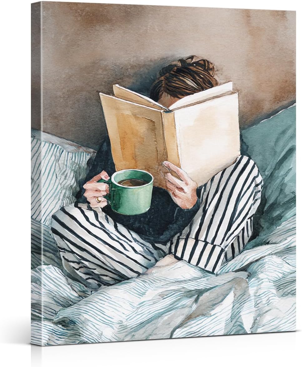 Minimalist Reading Woman Wall Art Decor Bookish Woman in Striped Bed Print Picture Book Lover Wall Decor for Home Bedroom 11x15 Inch Canvas Framed