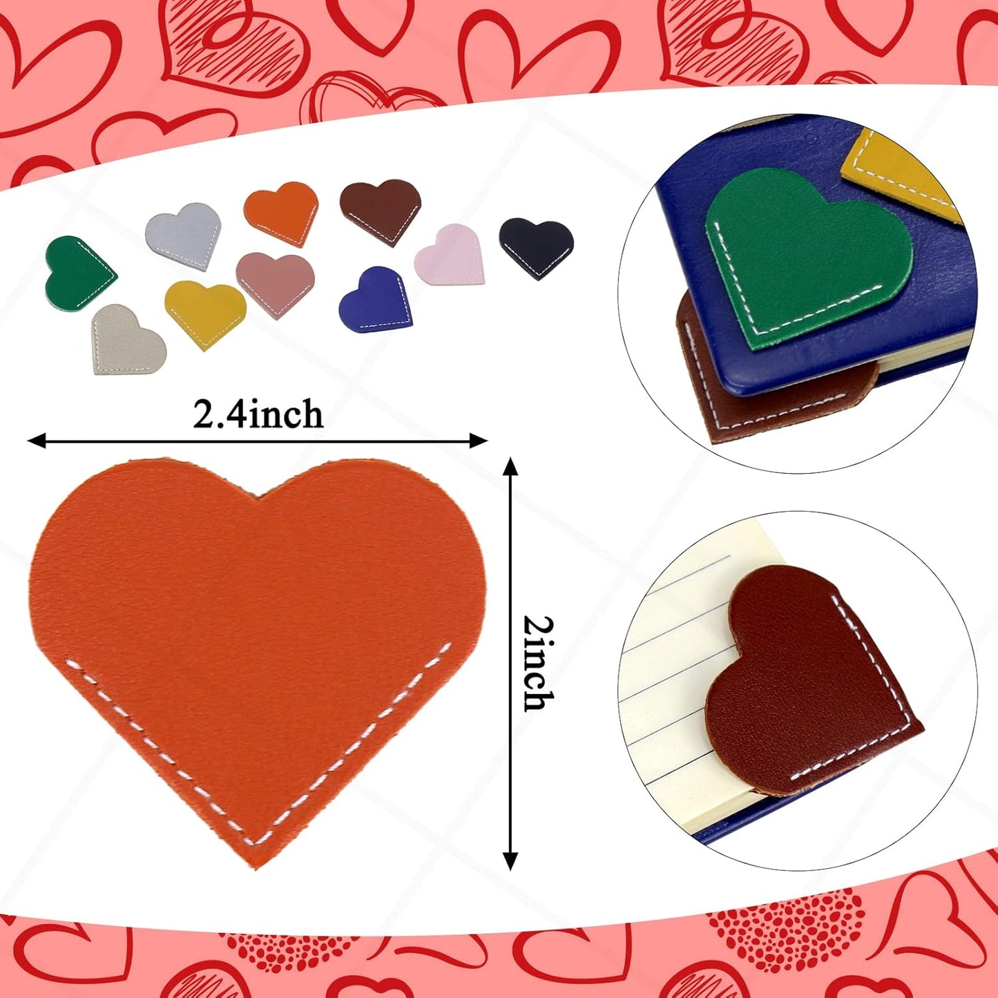 20 PCS Leather Heart Bookmark Heart Page Corner Handmade Bookmark Leather Reading Cute Bookmarks Accessories for Women Bookworm Present Book Lovers (10 Elegant Colors) 2.24x2.17inch