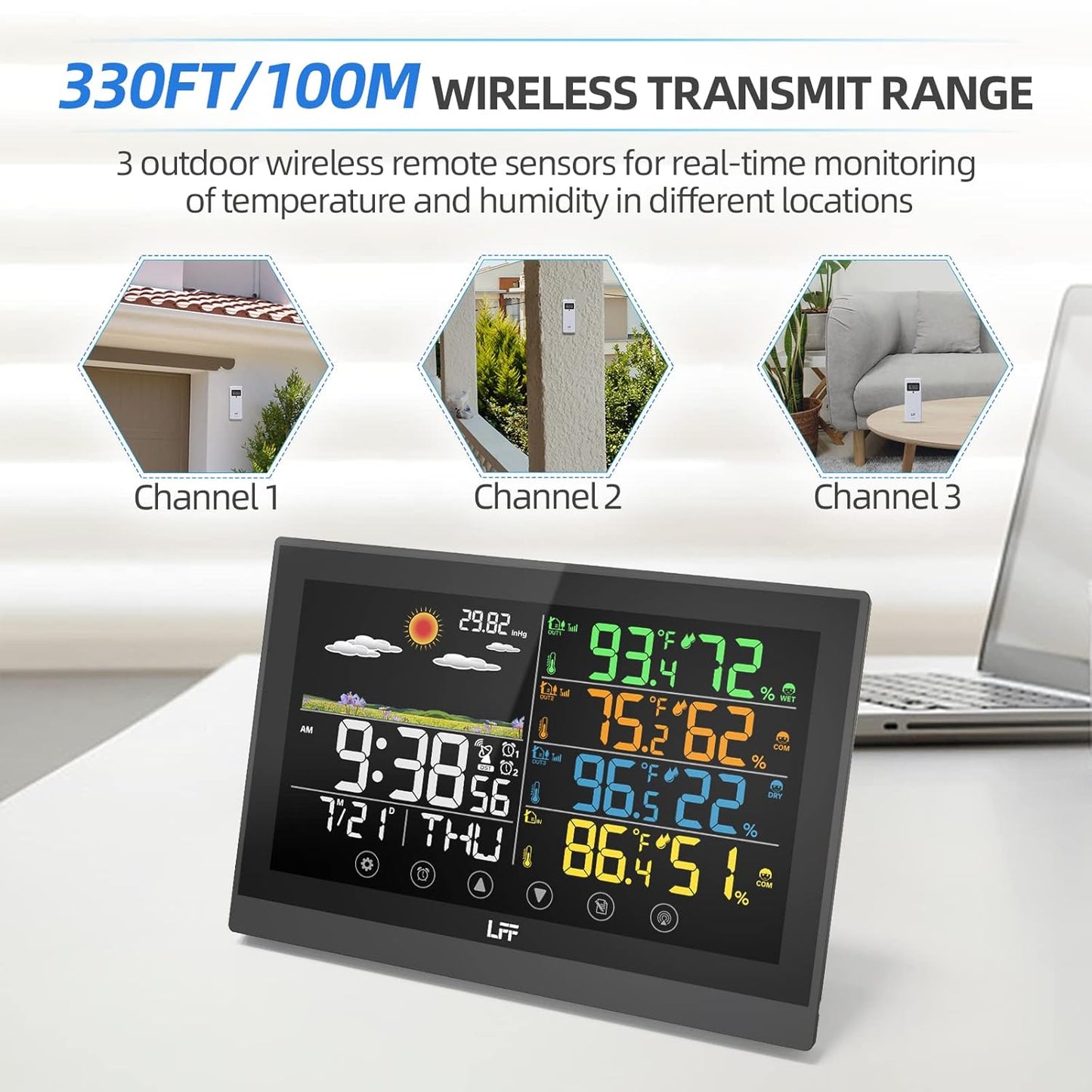 LFF Weather Station, Indoor Outdoor Weather Station Wireless with Multiple Sensors, Color Display Digital Atomic Clock Indoor Outdoor Thermometer Wireless, Forecast Station with Adjustable Backlight