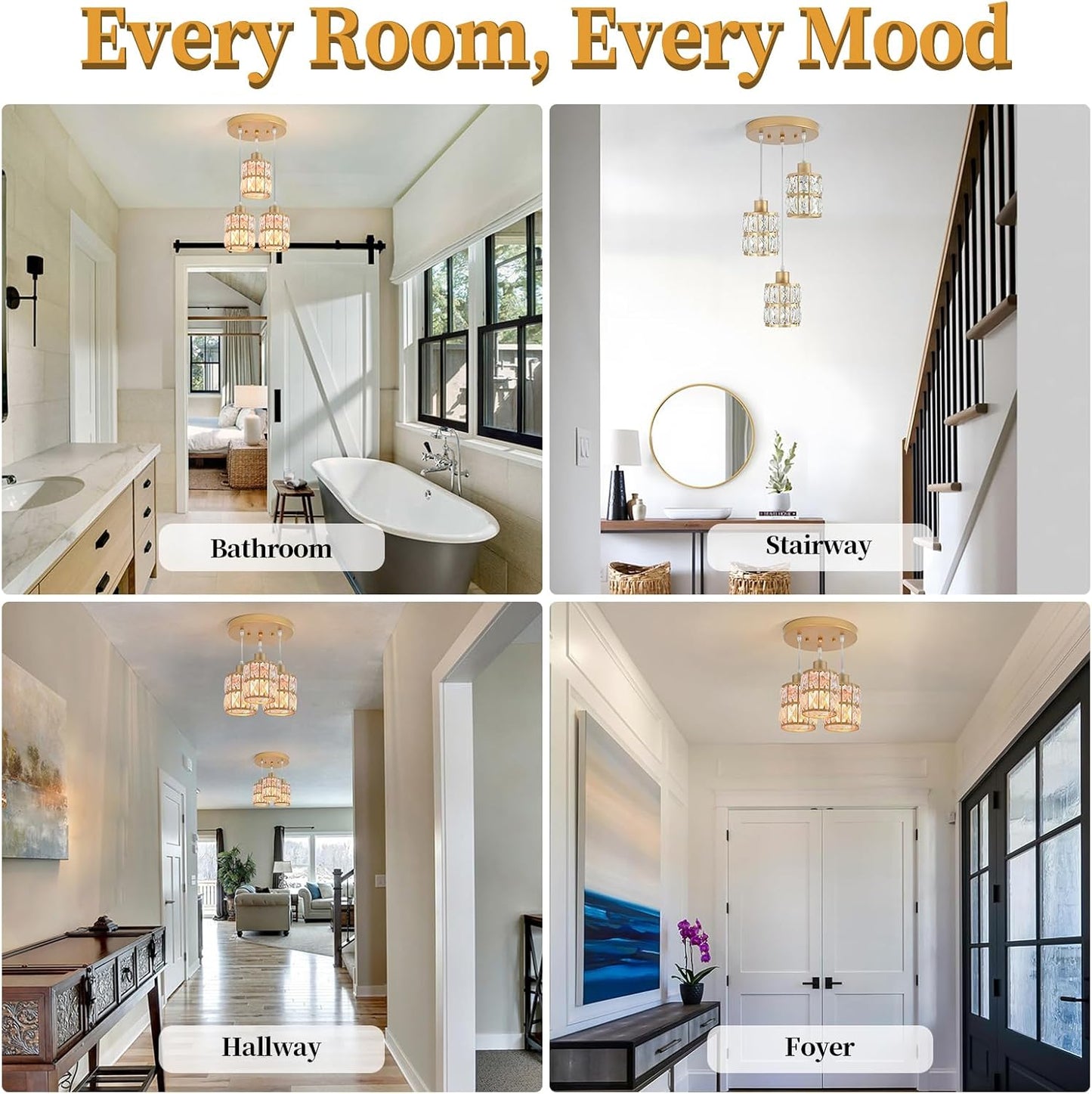 Modern Gold Crystal Pendant Light Fixture - 3-Light Adjustable Hanging Lamp for Kitchen Island, Dining Room, Living Room & Bedroom | Dimmable, Quick Install Farmhouse & Industrial Pendant Lighting