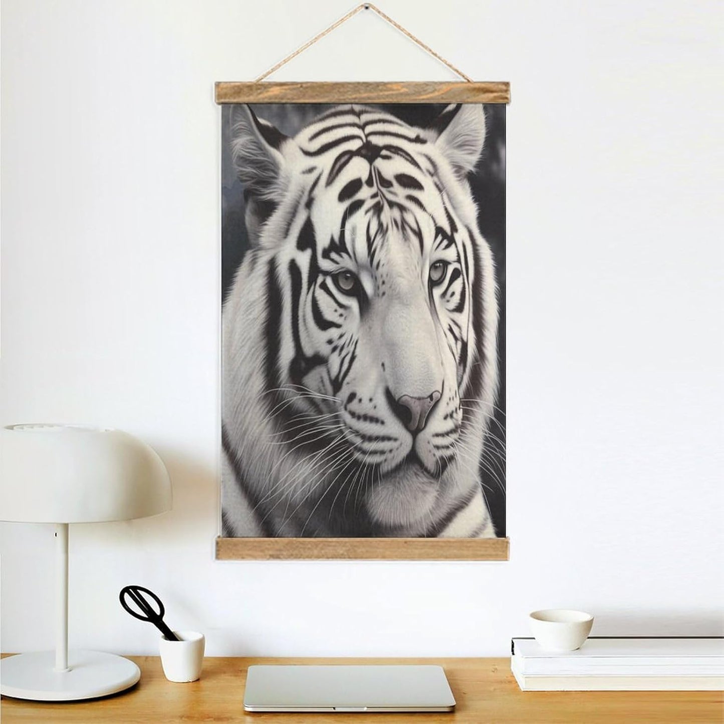 Vintage White Tiger Poster with Wooden Frame Personalized Linen Hanging Scroll Painting Rustic Wall Hanging Illustrative Modern Artwork Decor for Home Living Room Bedroom Office