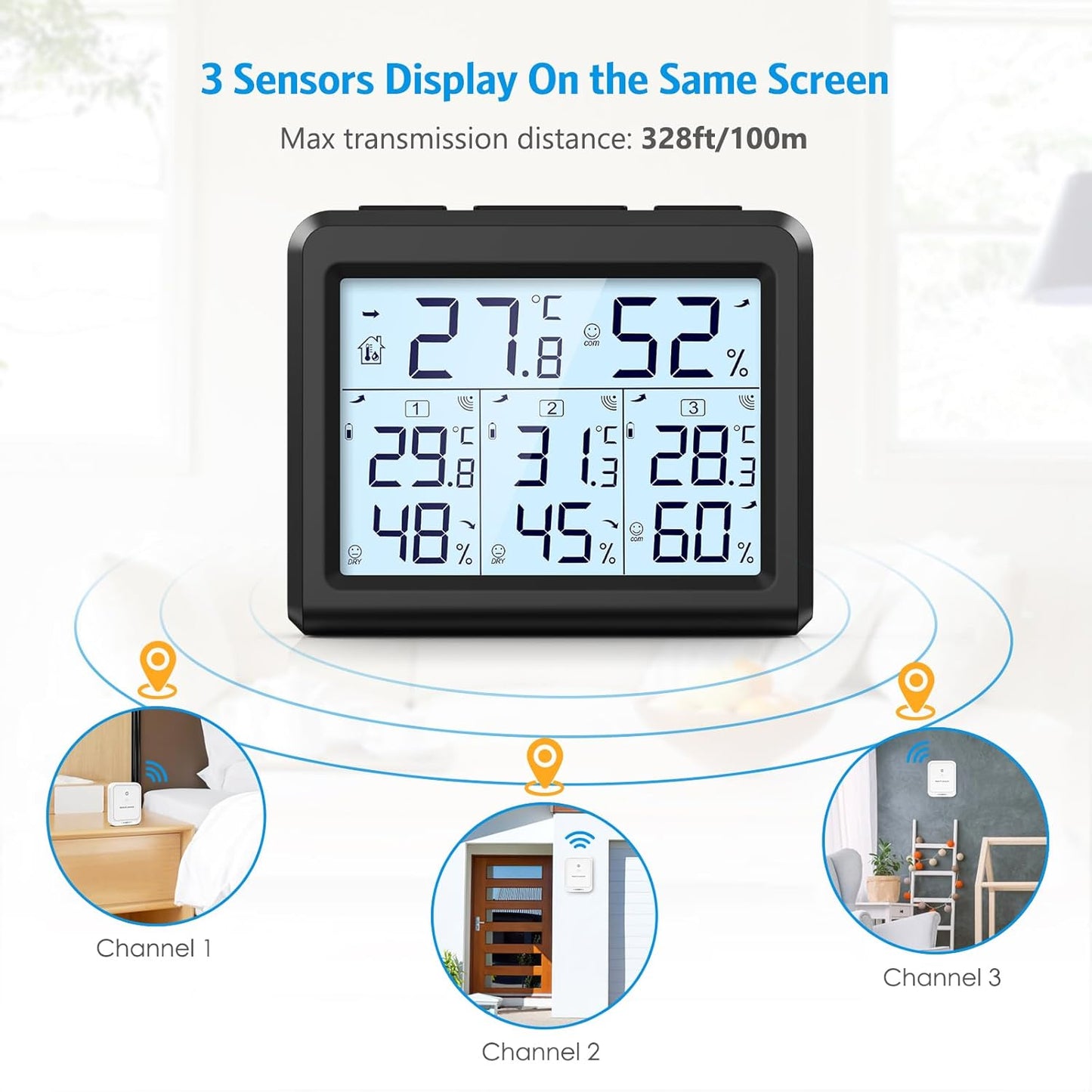 AMIR Indoor Outdoor Thermometer, 3 Channels Digital Hygrometer Thermometer with 3 Sensor, Temperature Humidity Monitor with LCD Display, Wireless Humidity Gauge for Home, Baby Room-Black