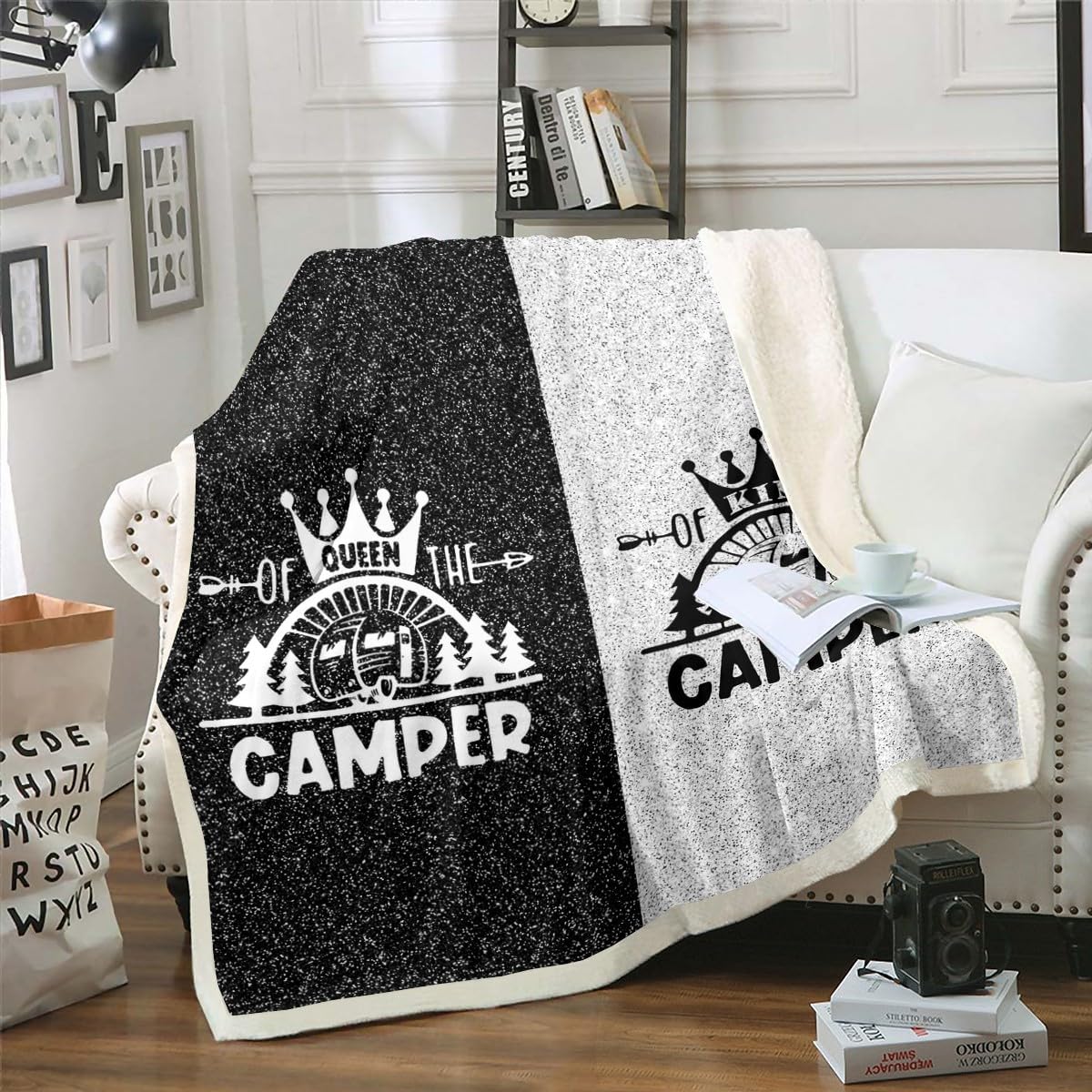 Camper Throw Blanket Wedding Gifts for Couple,King and Queen Camping Blanket for RV Camper,Cabin Decor Old Barn Door Fleece Blanket Valentines Day Gifts for Husband and Wife Black Silver 60"x80"