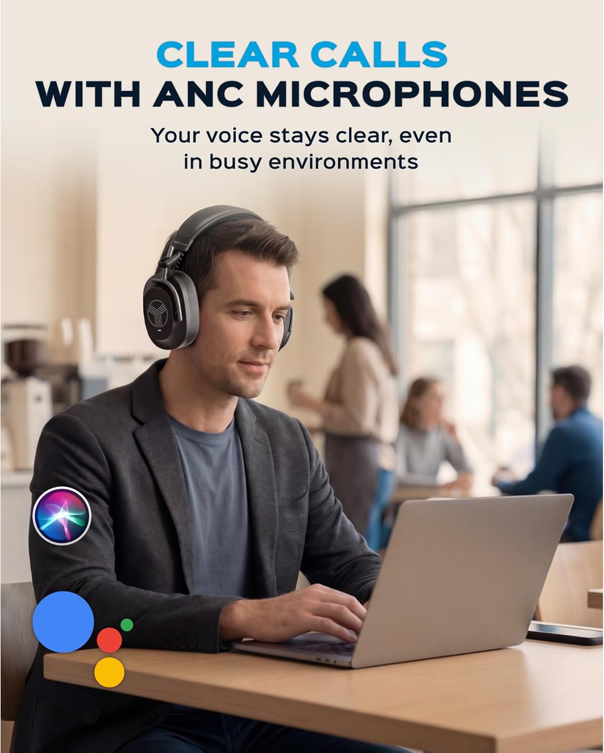 TREBLAB Bluetooth Headphones Over the Ear, Noise Cancelling, Hybrid ANC, 64H Battery, IPX4, Foldable Wireless Headphones with Mic, Lightweight, Work and Travel – U5