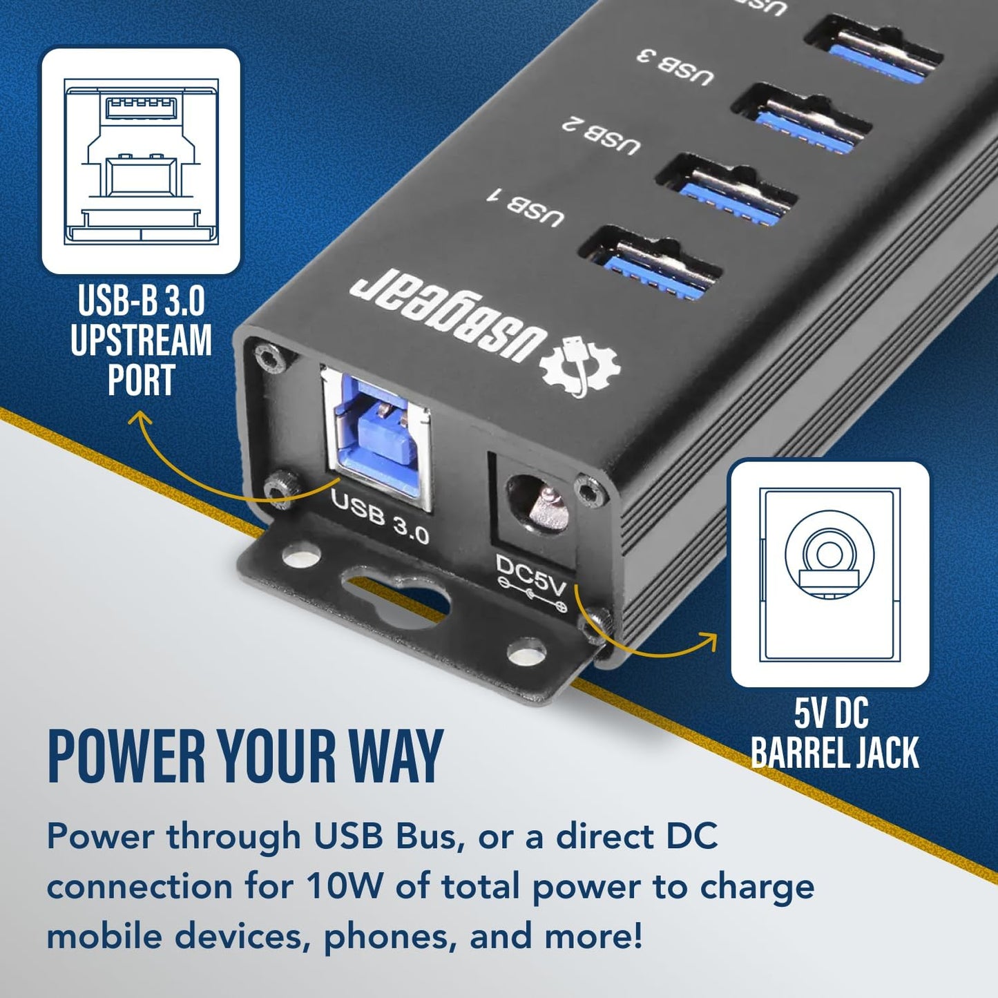USBGear 4 Port USB Hub 3.2 Gen 1 – Mountable SuperSpeed Data Hub with USB Ports for Laptop, PC, Desktop, and More, 5V/2A Power Adapter with Type-A to Type-B Cable (3ft), Computer Accessories
