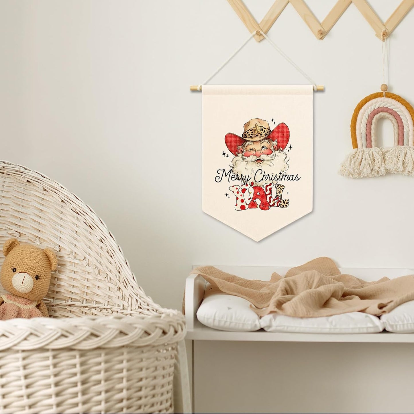 Merry Christmas Y'all Santa Kids Room Decor, Western Cowboys Cowgirls Banner Canvas, Rustic Winter Wall Hanging Frame Decor Art Pennant Flag for Toddler Room Playroom 11x15in