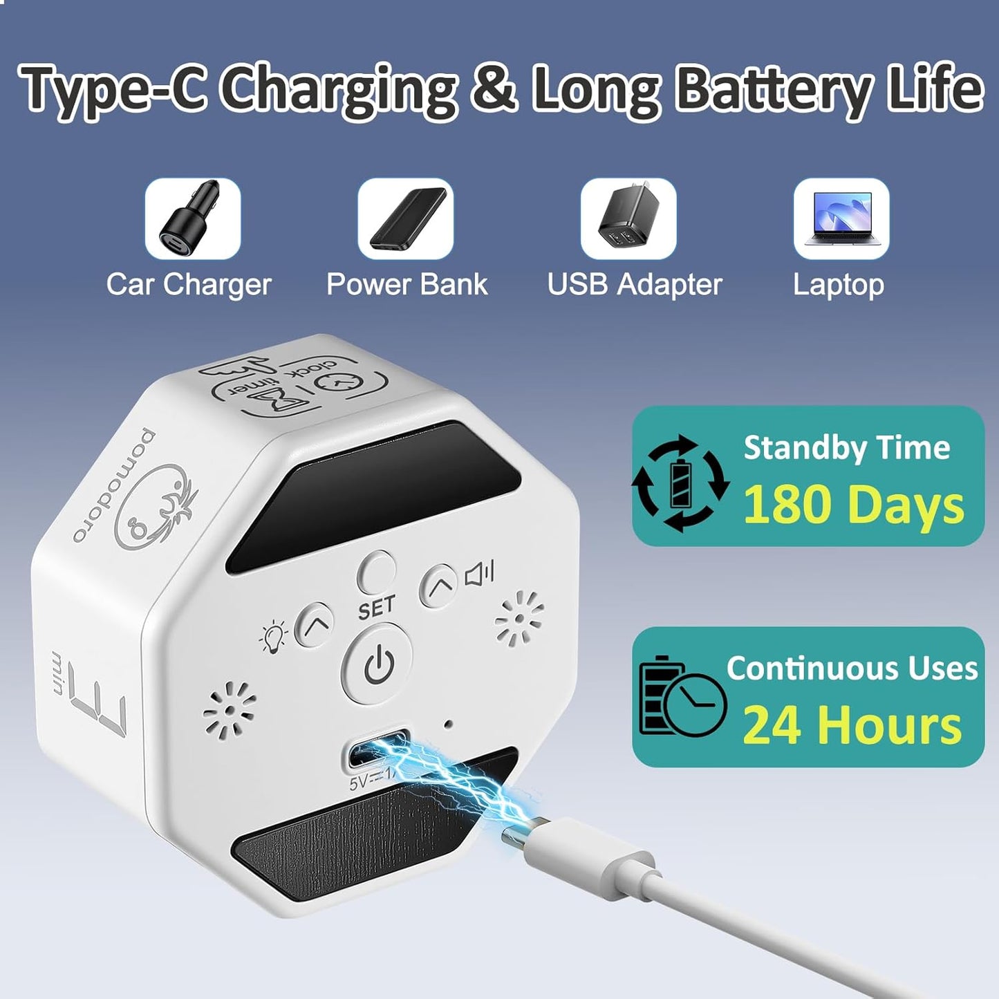 Rechargeable Pomodoro Timer, Magnetic Kitchen Timer for Cooking, 8-Angle Auto-Rotating Screen with Gravity Sensor, 3/5/10/25/30/60min & Custom Countdown for ADHD, Office, Study, Kitchen & Kids