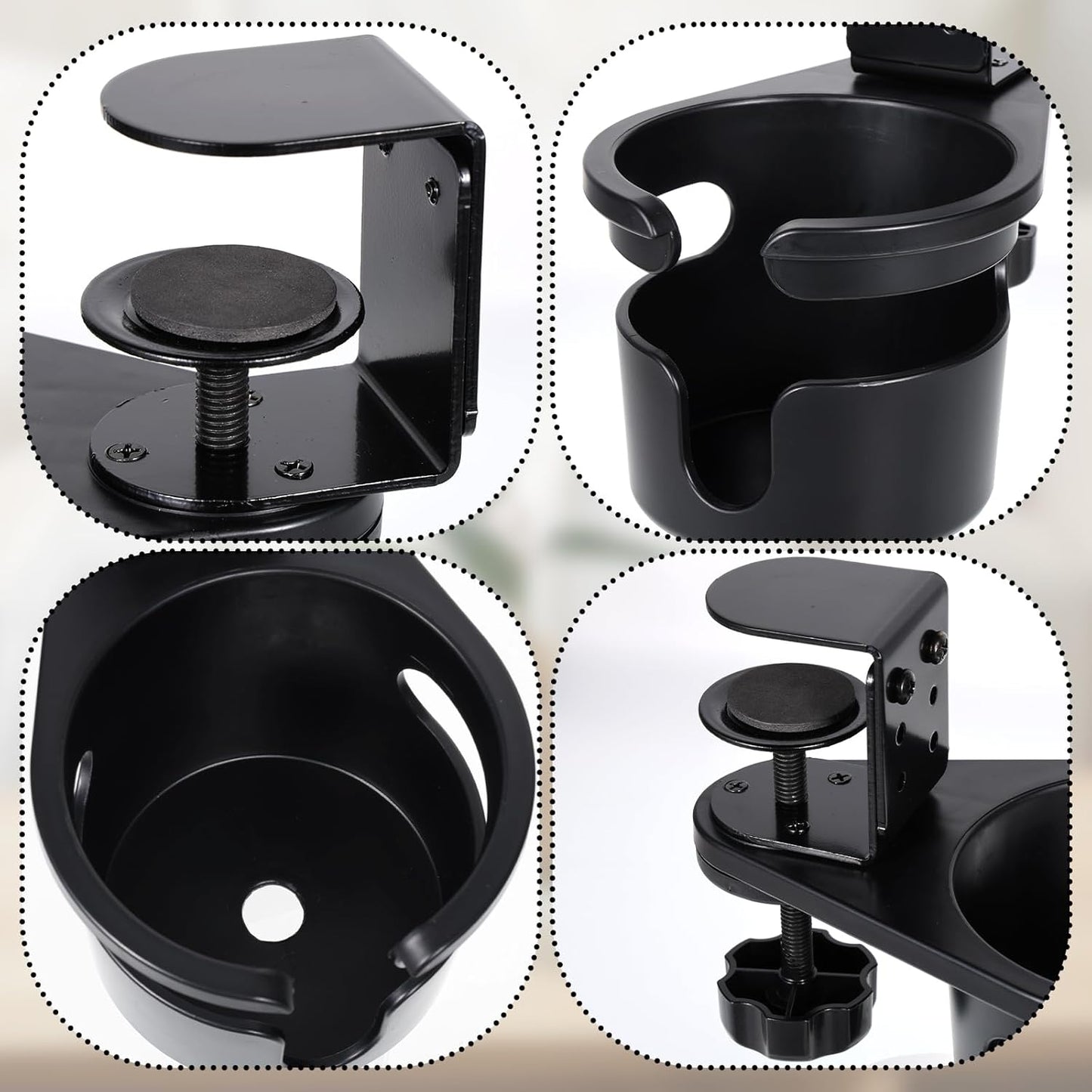 3-Stage Adjustable Desk Cup Holder Clamp, 360° Rotating Anti-Spill Tray for Water Bottles & Mugs, Heavy-Duty Under Desk Organizer for Office, PC Gaming & School, Black