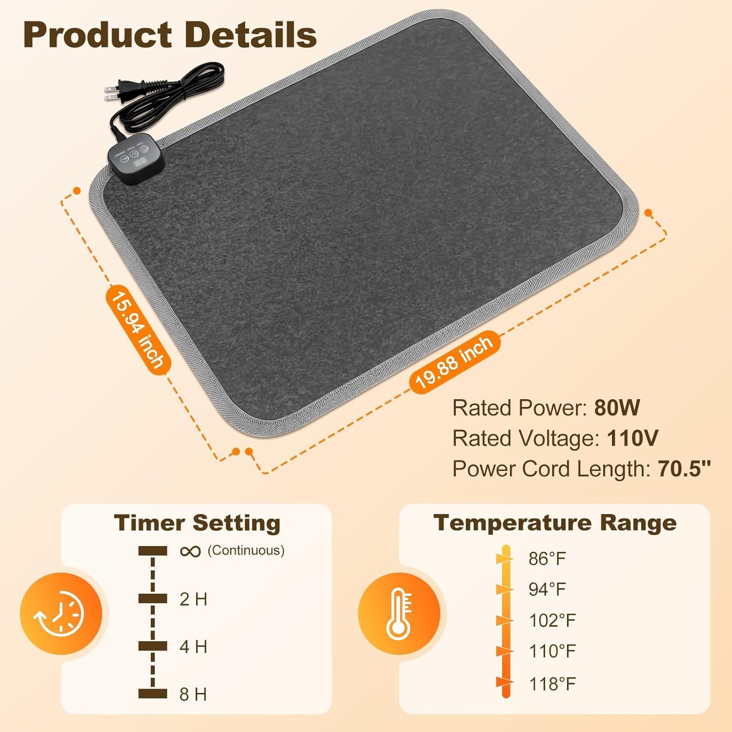 Heated Floor Mat for Foot Warmer - 110V Adjustable Temperature Under Desk Electric Heater with Timer for Office Bathroom Home, Heating Pad for Cold Feet