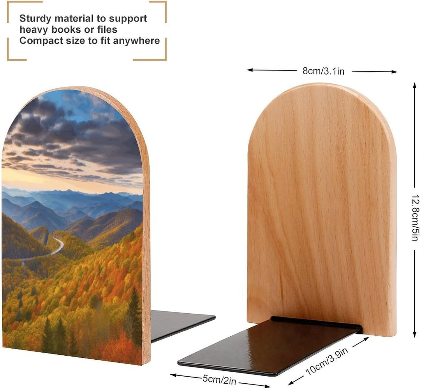 Blue Ridge Parkway Mountains Bookends 1 Pair Heavy Duty Book Ends for Shelves Non-Skid Bookend Supports Wooden Book Holders with Metal Base Desk Organizers Books Storage to Hold Books