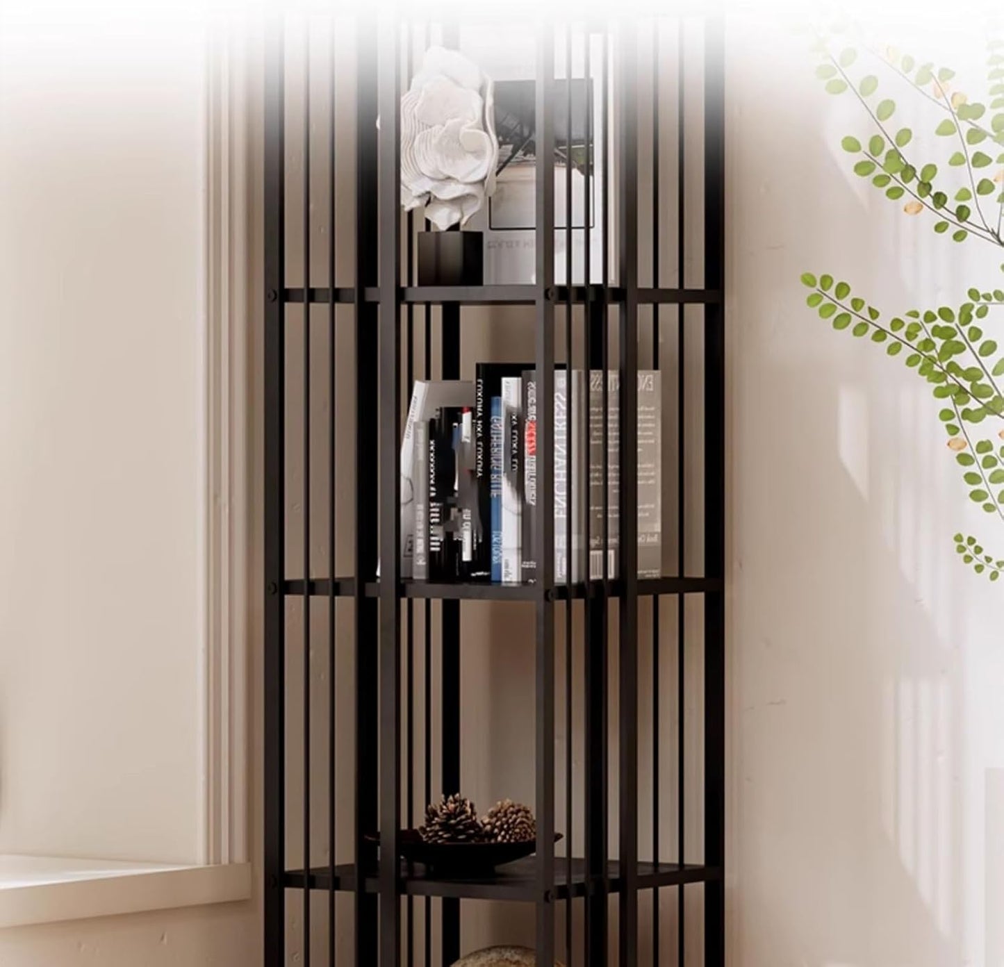 Simple Metal Bookshelf – Vertical Book Tower,360 degrees Vertical Bookshelf Tower,Tall & Narrow Ladder Bookcase, Modern Vertical Bookshelf Tower,Modern invisible Floating Bookshelf With wheels(107.5cm