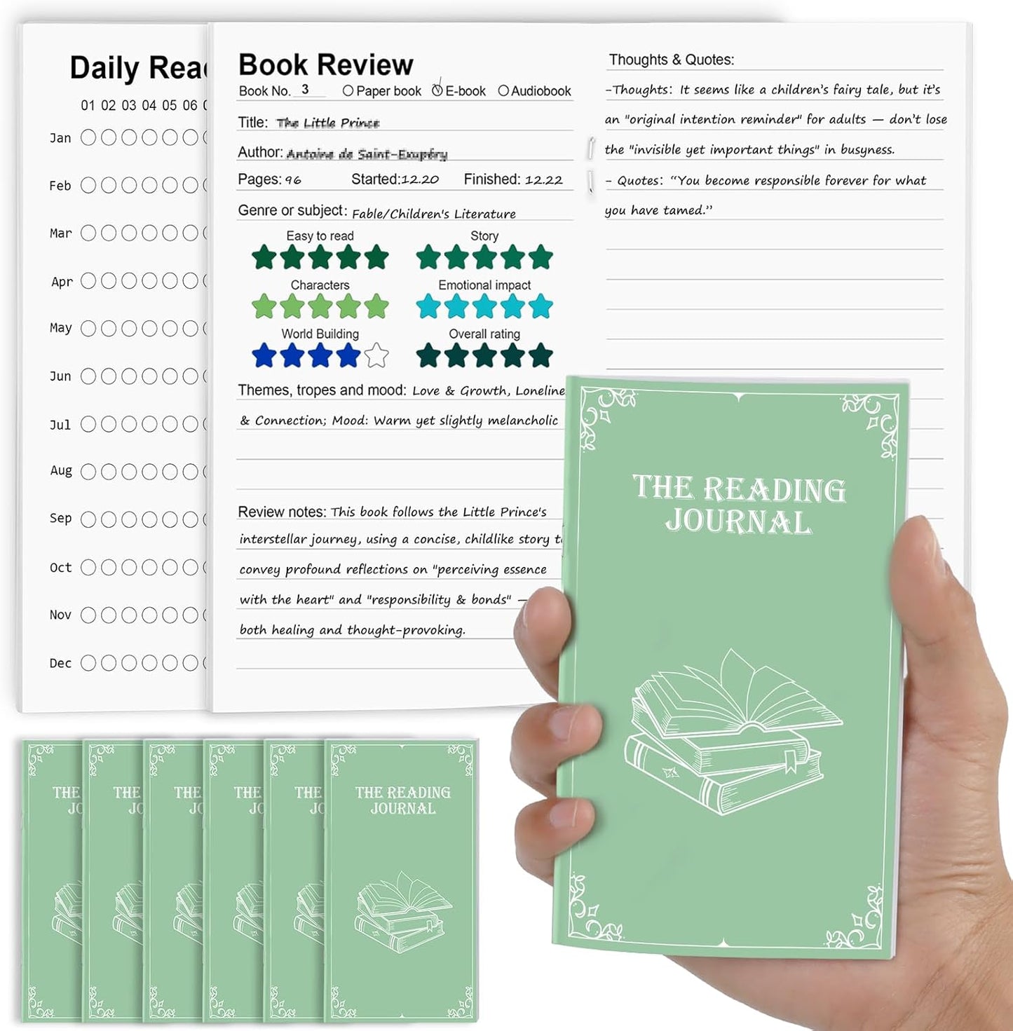 6 Pack Reading Journal for Book Lovers 18 Books Reviews Per Pack Reading Log Tracker with Review Pages Mini Book Journal 3.5" x 6" Bookish Gift for Readers Green 20 Sheets 80gsm Duplex Inner Pages
