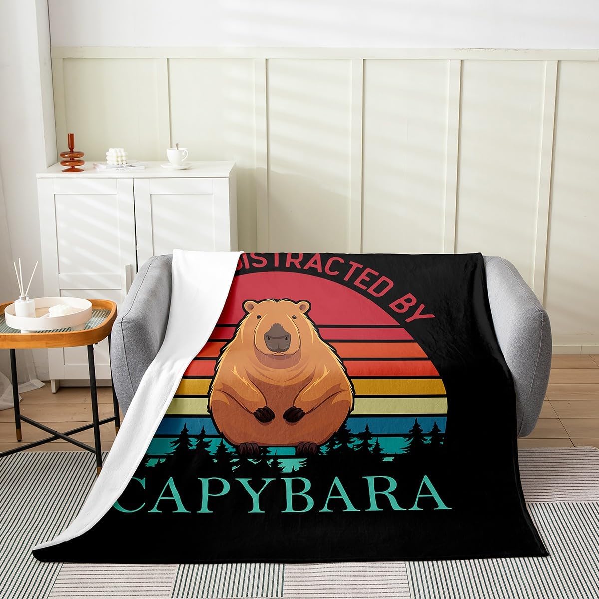 Capybaras Throw Blanket Twin Size, Funny Rainbow Capybara Bed Blanket for Home Bed Sofa Crib, Woodland Hunting Theme Fleece Blanket, Cute Rodent Animals Soft Cozy Flannel Blanket, Black