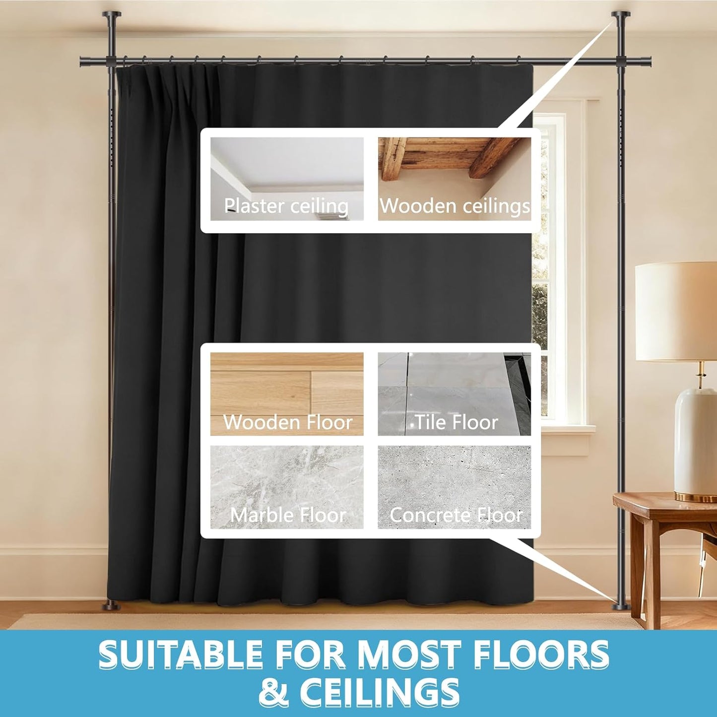 No-Drill Room Divider Curtain Set: Includes 106" W x 84" L Black Curtain & Adjustable Pole Brackets (35-100" W x 43-120" H Adjustable Range)