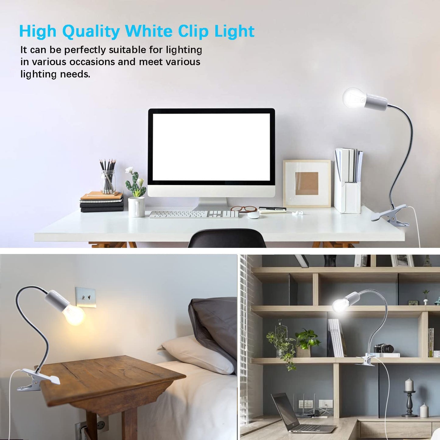 Clip on Lamp Holder, White Clamp Light Socket, Clip on Desk Lamp, E26 Book Clamp Light Fixture, 360° Flexible Gooseneck Lighting, E27 Bulb Holder with 7 Ft Plug and Switch, for Bedside