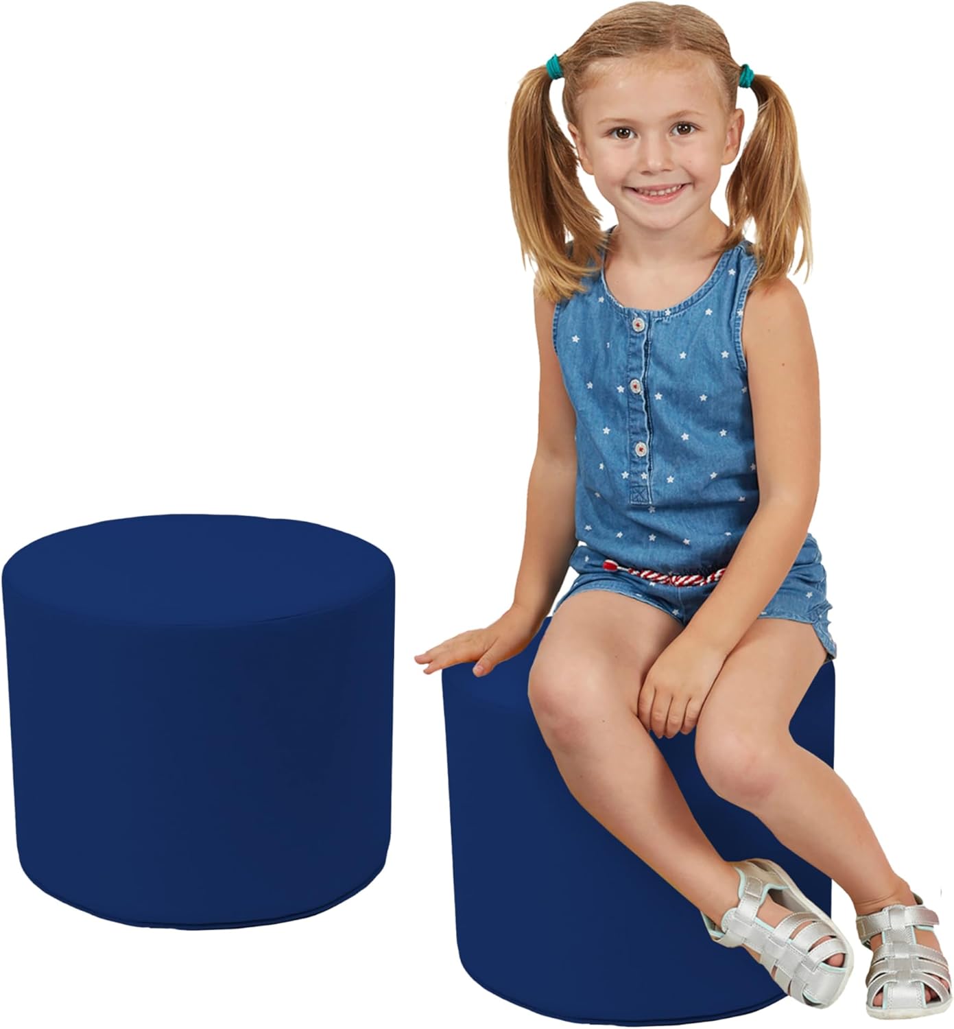 15 inch Round Accent Ottoman 2-Piece Set for Kids Ages 3-7 (12" Seat Height); Modern Children's Furniture, Lightweight All Foam Seating for Home, Playroom, Classroom, Library- Eclipse