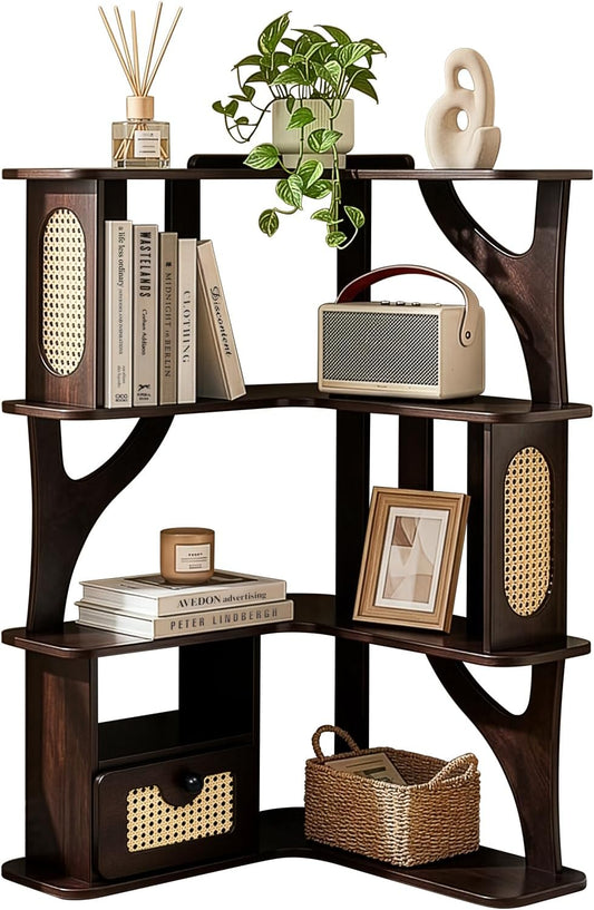 Rubber Wood Corner Shelf, 4 Tier Modern Corner Bookshelf, Freestanding Display Shelf Stand for Home Office, Living Room, Bedroom