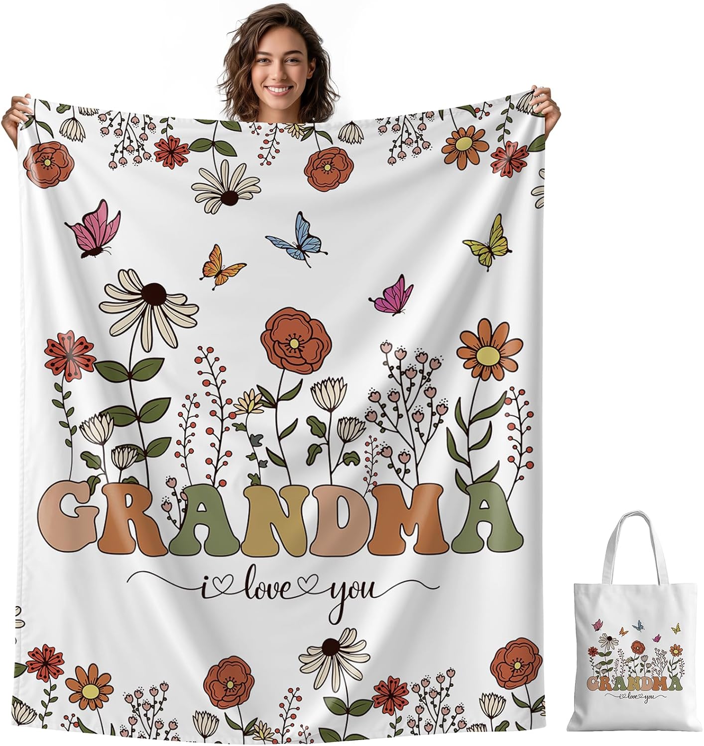 Aperturee Grandma Birthday Gifts Blanket and Tote Bag Set, 50x60 Inches Floral Happy Birthday Granny Throw, Soft Cozy Butterflies I Love You Blanket for Women, for Grandma
