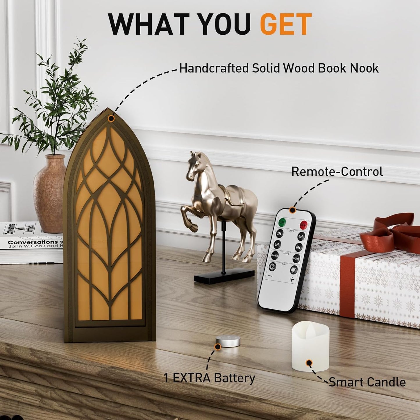 Solid Wood Fantasy Book Nook Shelf Insert - Handcrafted Bookends with Remote Control & Timer, Magical Moroccan Bookshelf Decor Night Light, Unique Gifts for Book Lovers Readers