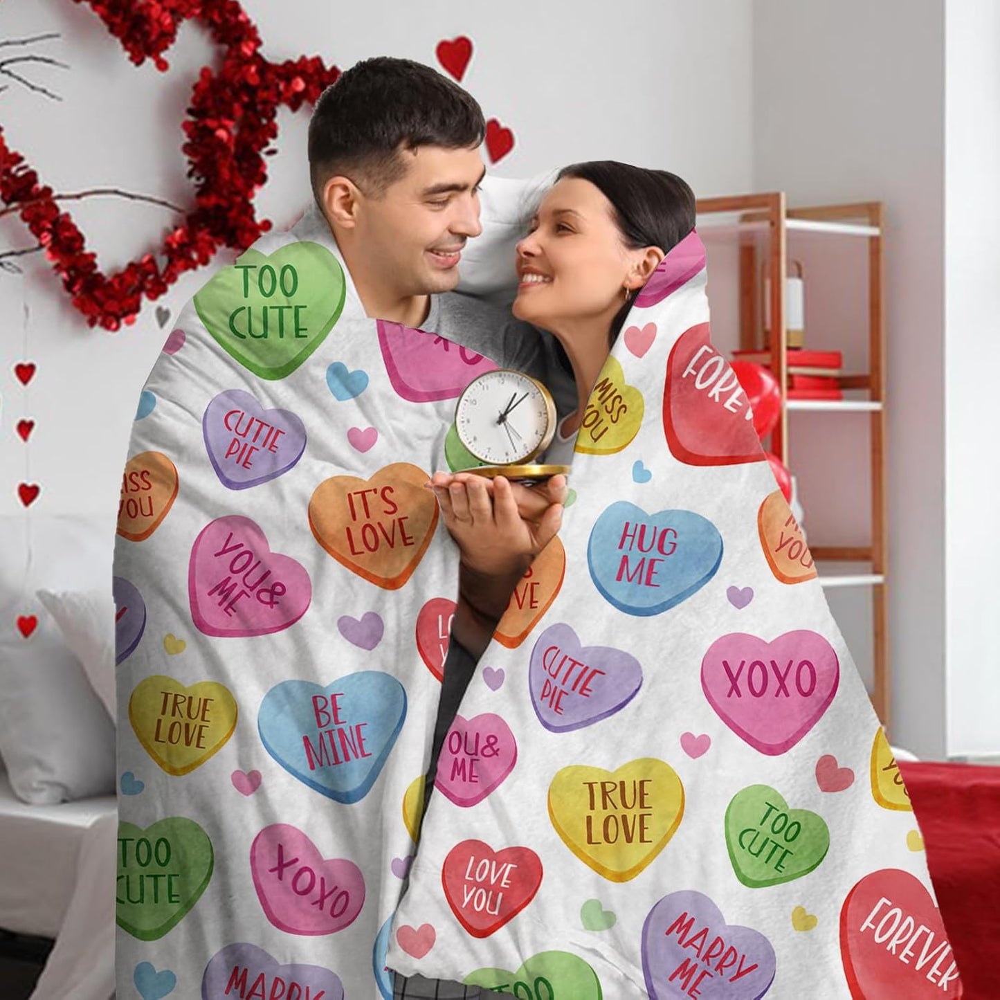 Valentines Day Flannel Throw Blanket, Colorful Love Hearts Anniversary Birthday Gifts for Women Kids Lover Couples, Cute Romantic Words Soft Blankets for Classroom School Bedding Sofa 50" x 60"