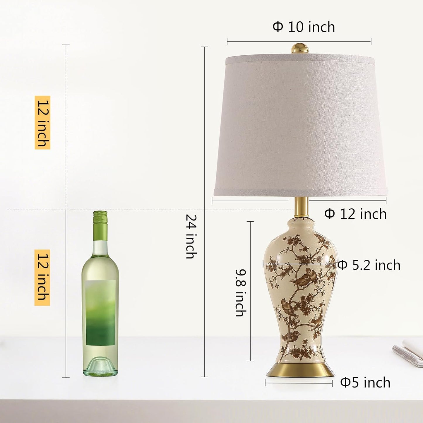 RORIA 24" Chinoiserie Ceramic Small Table Lamps Set of 2 for Living Room, Bird Pattern Branch Traditional Table Lamp for Bedroom Nightstand Entryway, 2 LED Bulbs Included