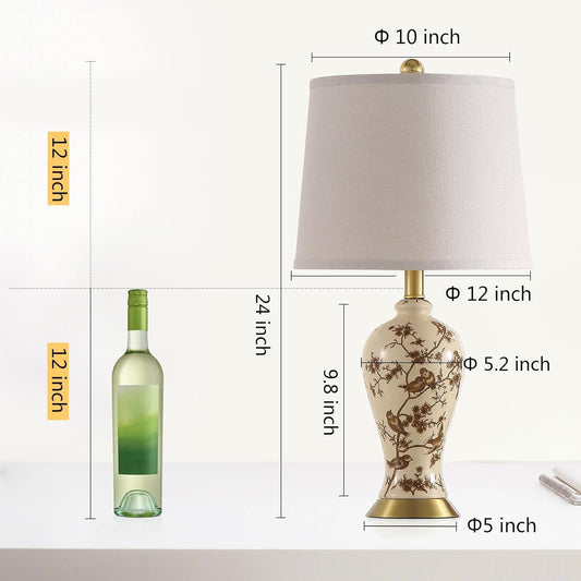 RORIA 24" Chinoiserie Ceramic Small Table Lamps Set of 2 for Living Room, Bird Pattern Branch Traditional Table Lamp for Bedroom Nightstand Entryway, 2 LED Bulbs Included
