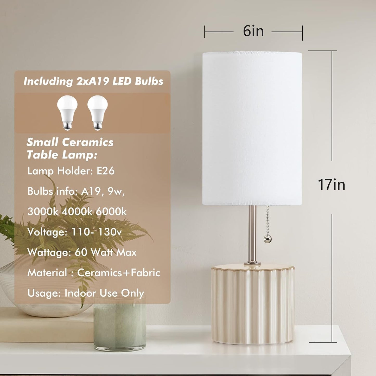 GyroVu Ceramic Small Table Lamp Set of 2, Adjustable Color Temperature Bedside Nightstand Lamps with Pull Chain for Bedroom Living Room Reading, 2 Bulbs