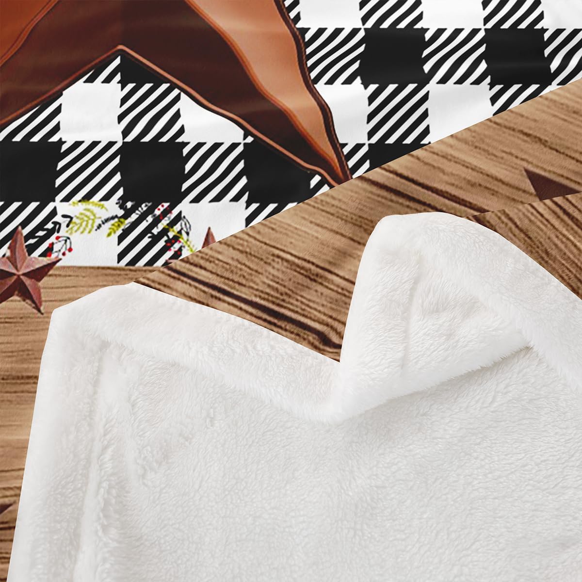 Erosebridal Western Texas Star Blanket 40"x50", Farmhouse Black Plaid Throw Blanket, Brown Vintage Country Star Fleece Blanket, Retro Rustic Checked Grid Wooden Grain Fleece Blanket
