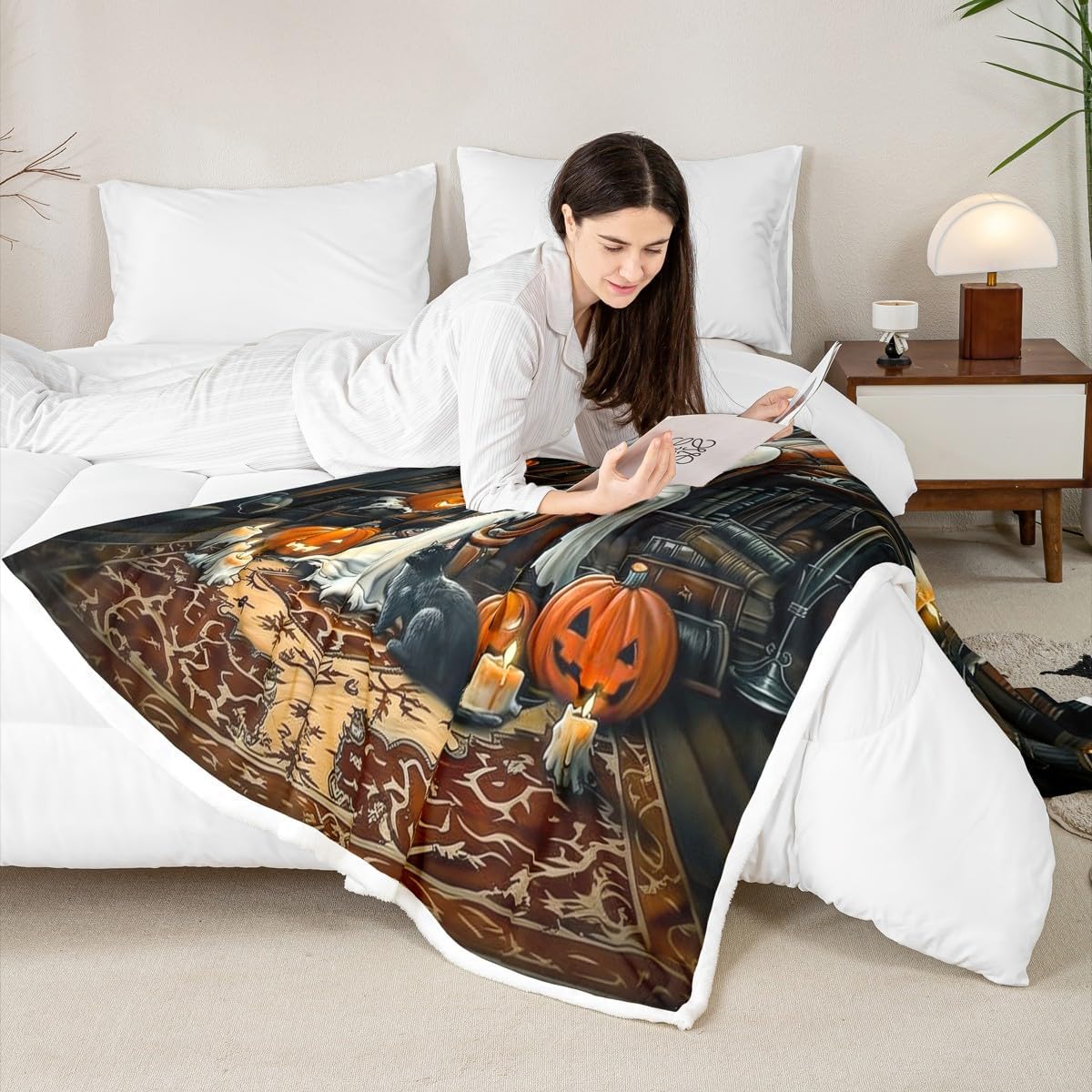 Manfei Reading Ghost Throw Blanket Cartoon Bookshelf Fleece Blanket Halloween Pumpkin Lantern Cozy Throws for Bed Couch Sofa,Kids Boys Girls Room Decor,Soft and Breathable(60 x 80 Inches)