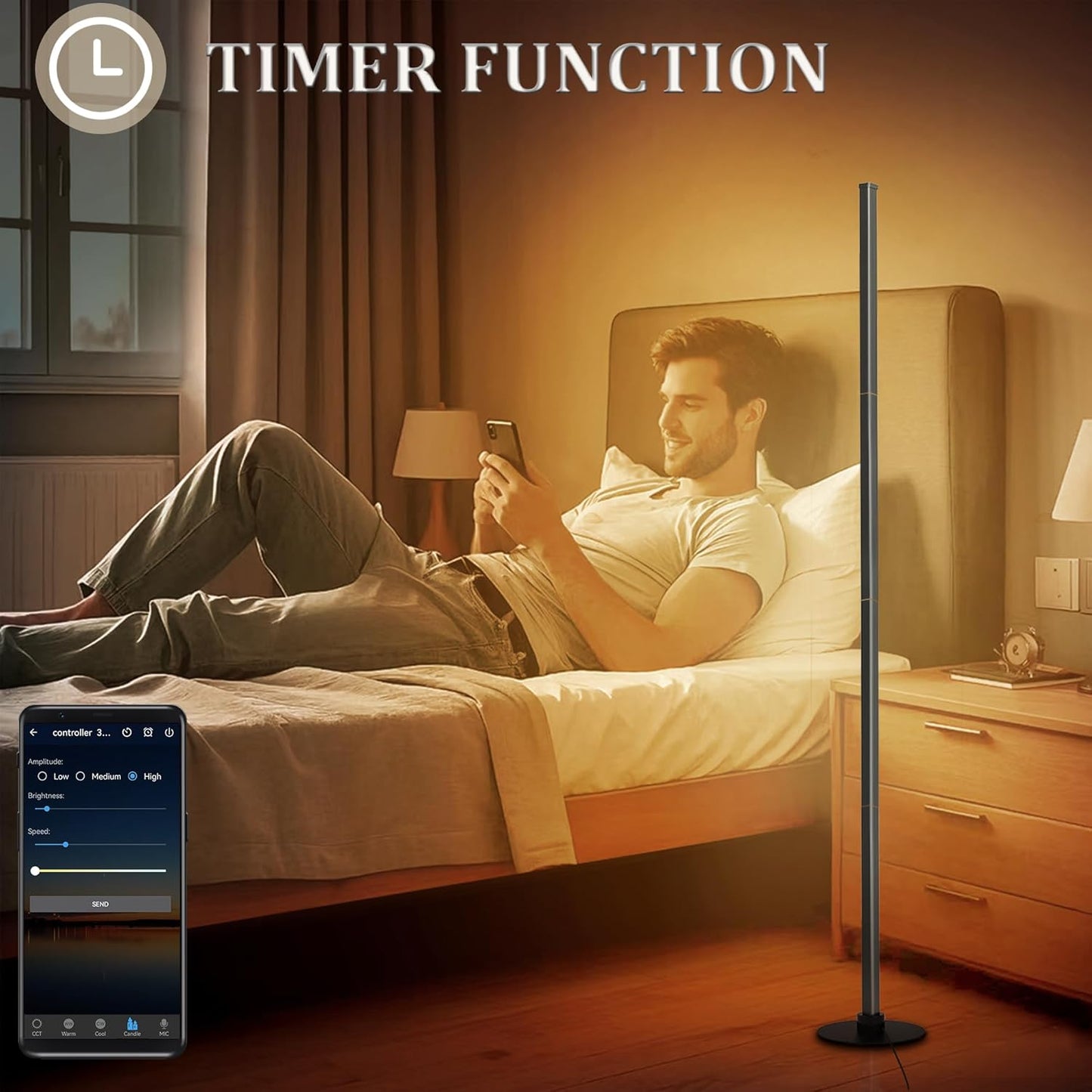PMS 63" Floor Lamp, 24W Stepless Dimmable Brightness Corner Lamp,Warm to White Color Changing Metal Standing Lamp with APP & Remote Control for Living Room, Bedroom Decorated