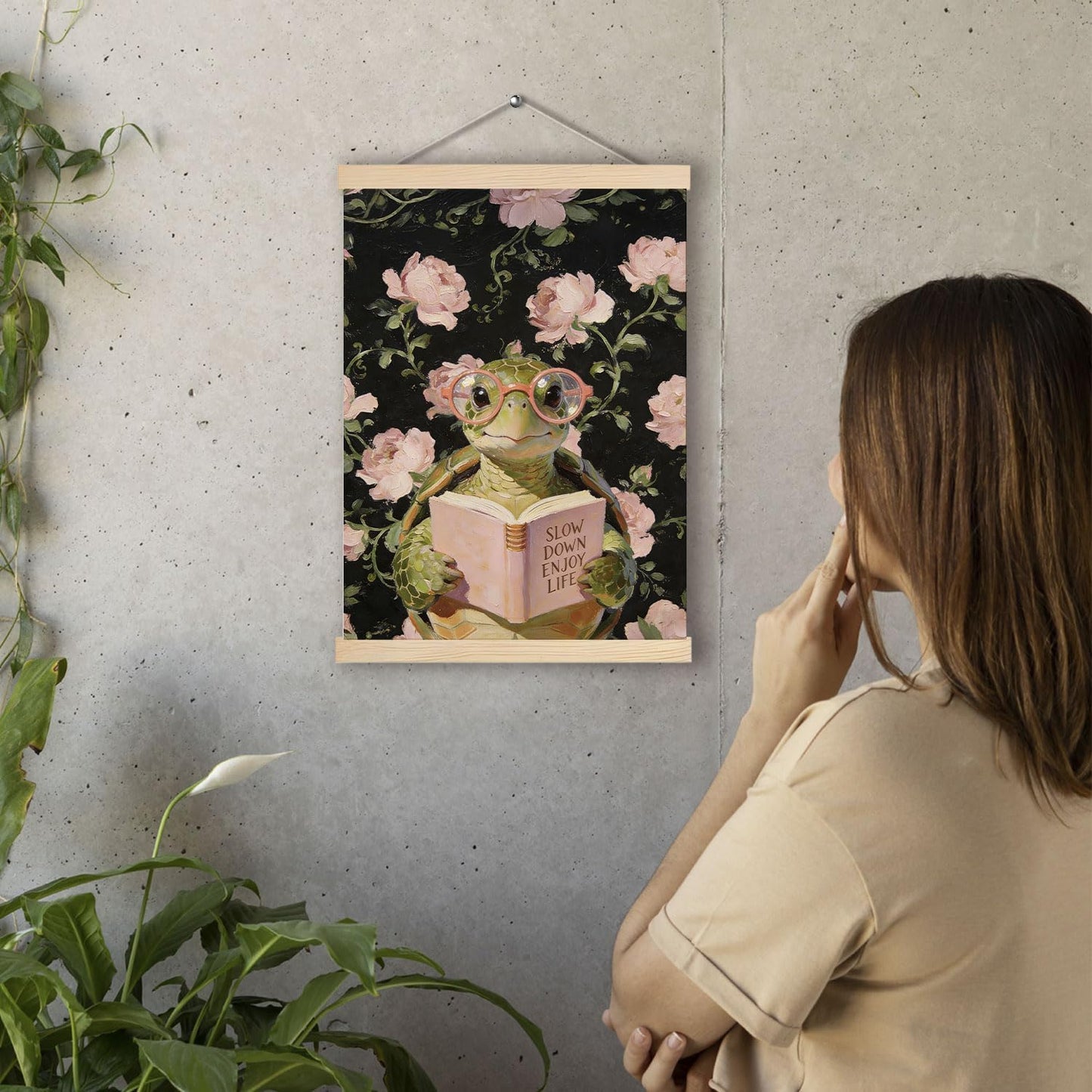 pouep Whimsical Turtle Reading Book Wall Art Poster, Pink Rose Floral Inspirational Turtle Reader Canvas Prints Wall Decor for Reading Nook Corner Room Library Classroom, 12x16 Inches