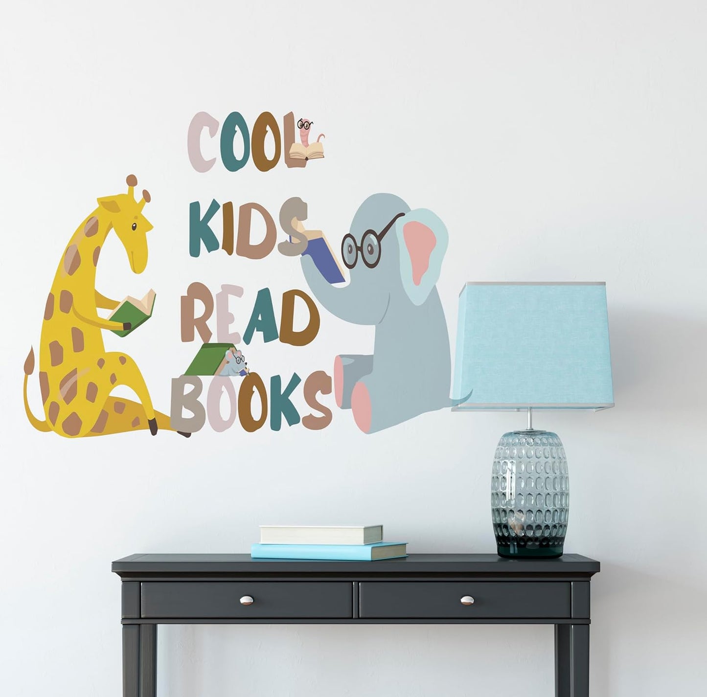 Reading Wall Decal for Kid's Room, Cool Kids Read Books Motivational Quotes Wall Sticker, Giraffe Elephant Reads Theme Vinyl Removable Wall Art for Classroom Preschool Library