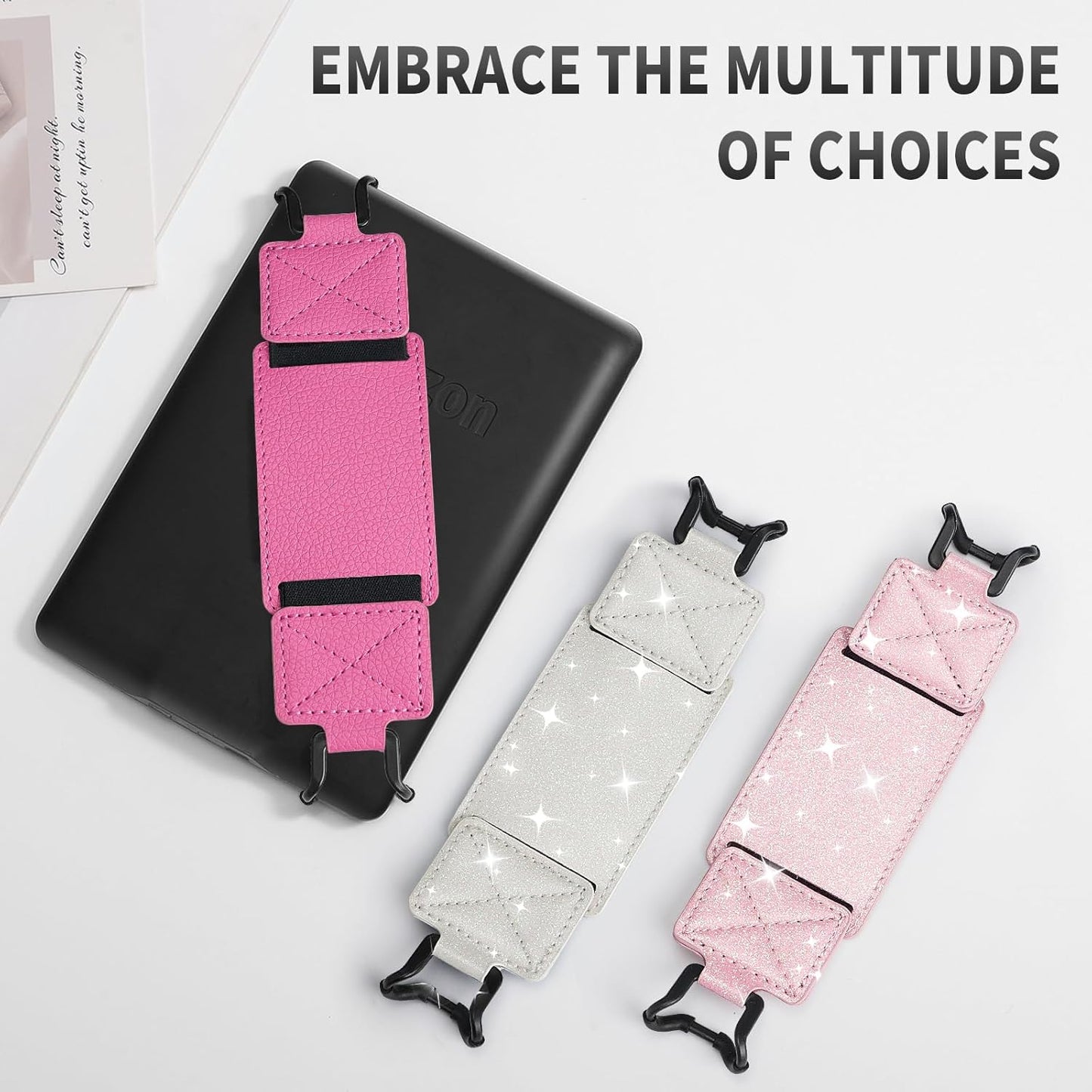 MoKo 2 Pack Security Hand Strap for 6-8" Kindle eReaders Fire Tablet-Kindle/Kobo/Voyaga/Lenovo/Sony E-Book Tablet,High-Elasticity Versatile Hand Strap Lightweight Finger Grip Holder, Shiny Pink White