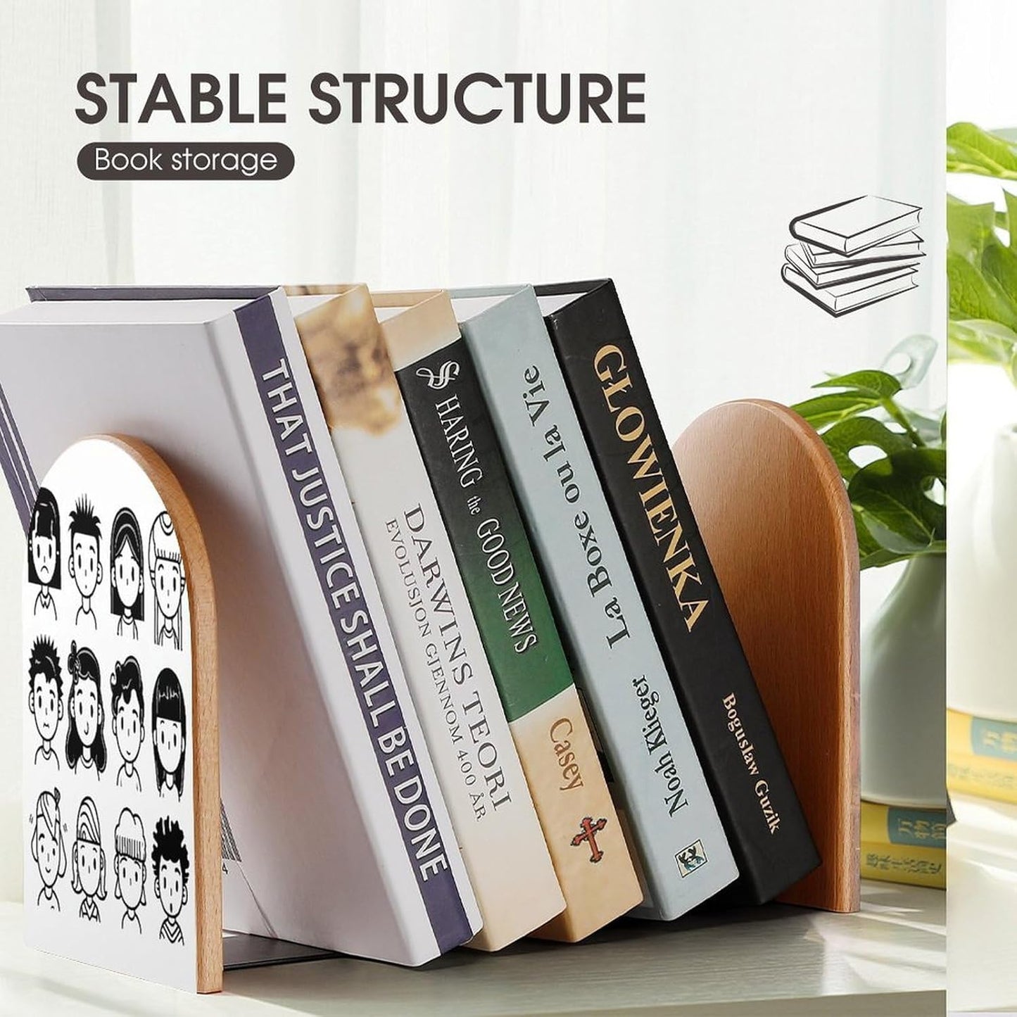 Various Faces Bookend for Shelves Wooden Book End Large Size Sturdy Book Holders Stoppers with Metal Base for Bookshelves Slick Decorative Bookends Stands