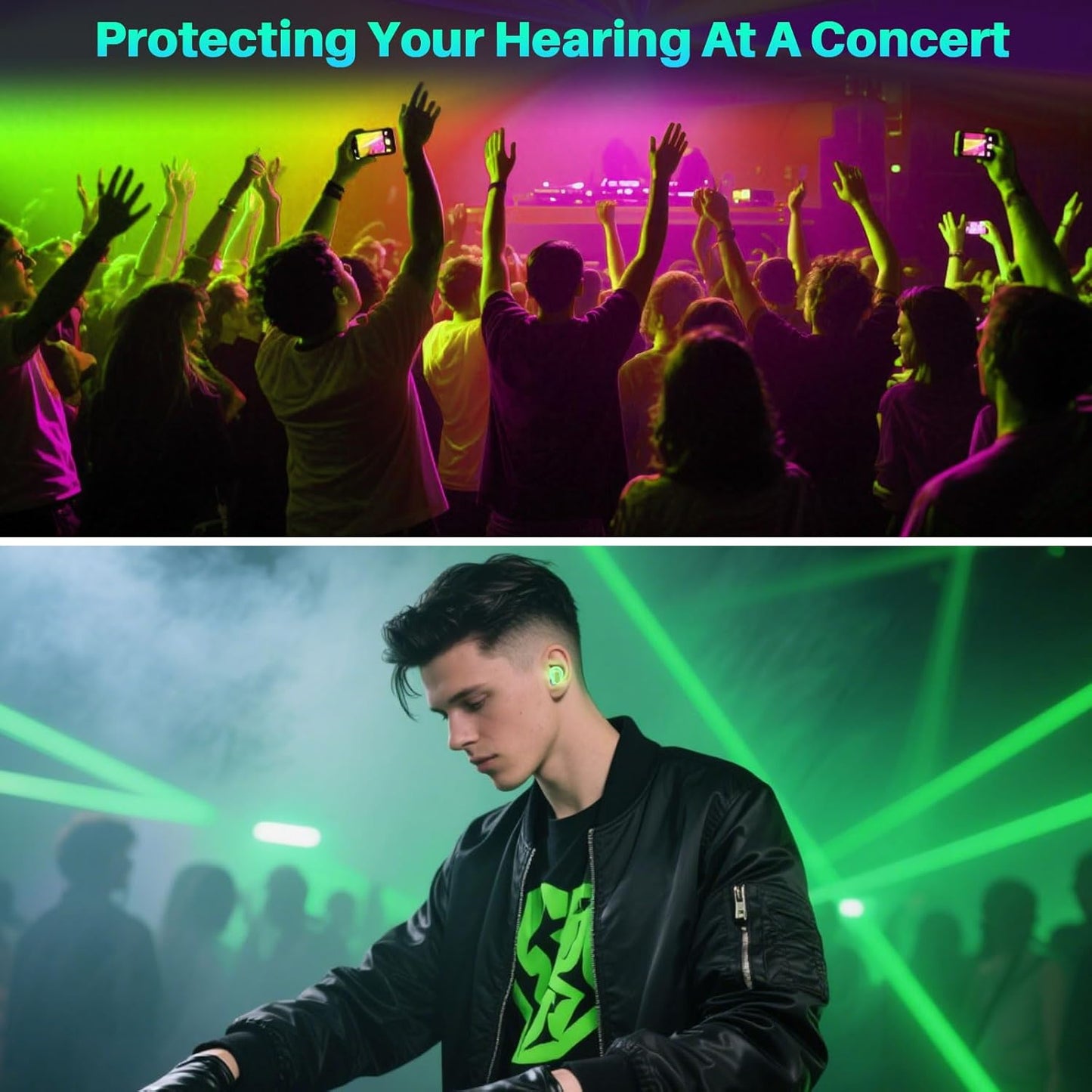 Hopihe Concert Ear Plugs, High Fidelity Afterglow Glow in Dark Noise Reduction Ear Plugs, Green Silicone Reusable Noise Cancelling EarPlugs for Concerts Work Sports Nightlife Hearing Protection - 29db