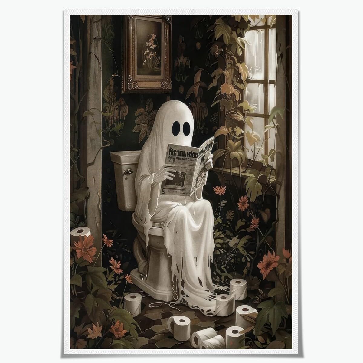 Medpol Spooky halloween bathroom wall art funny ghost reading newspaper cottagecore wall decor dark academia canvas posters for room bathroom Unframed8x12inch