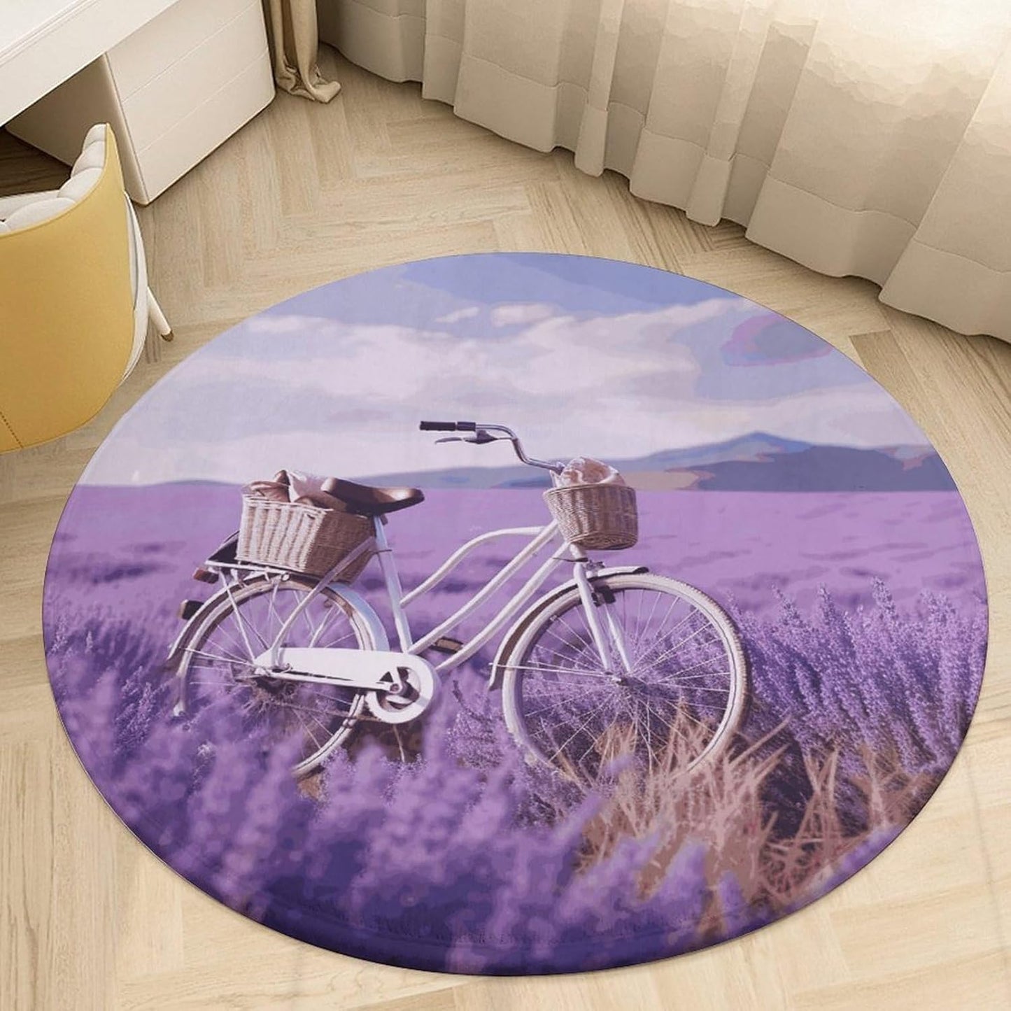 Lavender Field Bike Circle Rug Retro Luxury Coral Velvet Floor Mat Non Slip Soft Indoor Floor Carpet Comfy Thickened Area Rugs Modern Aesthetic Minimalist Carpets for Home Decor