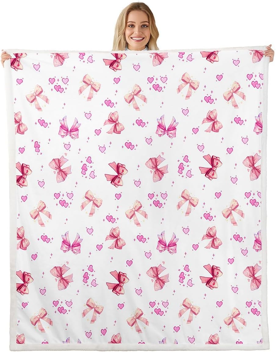 Castle Fairy Bowknot Love Kids Throw Blanket,Cartoon Bow Tie Hearts Pattern Bed Blanket,Sweet Romantic Aesthetic Girls Boys Sofa Decor,Pink and White Fuzzy Blanket,Queen Size (90 x 90 Inches)