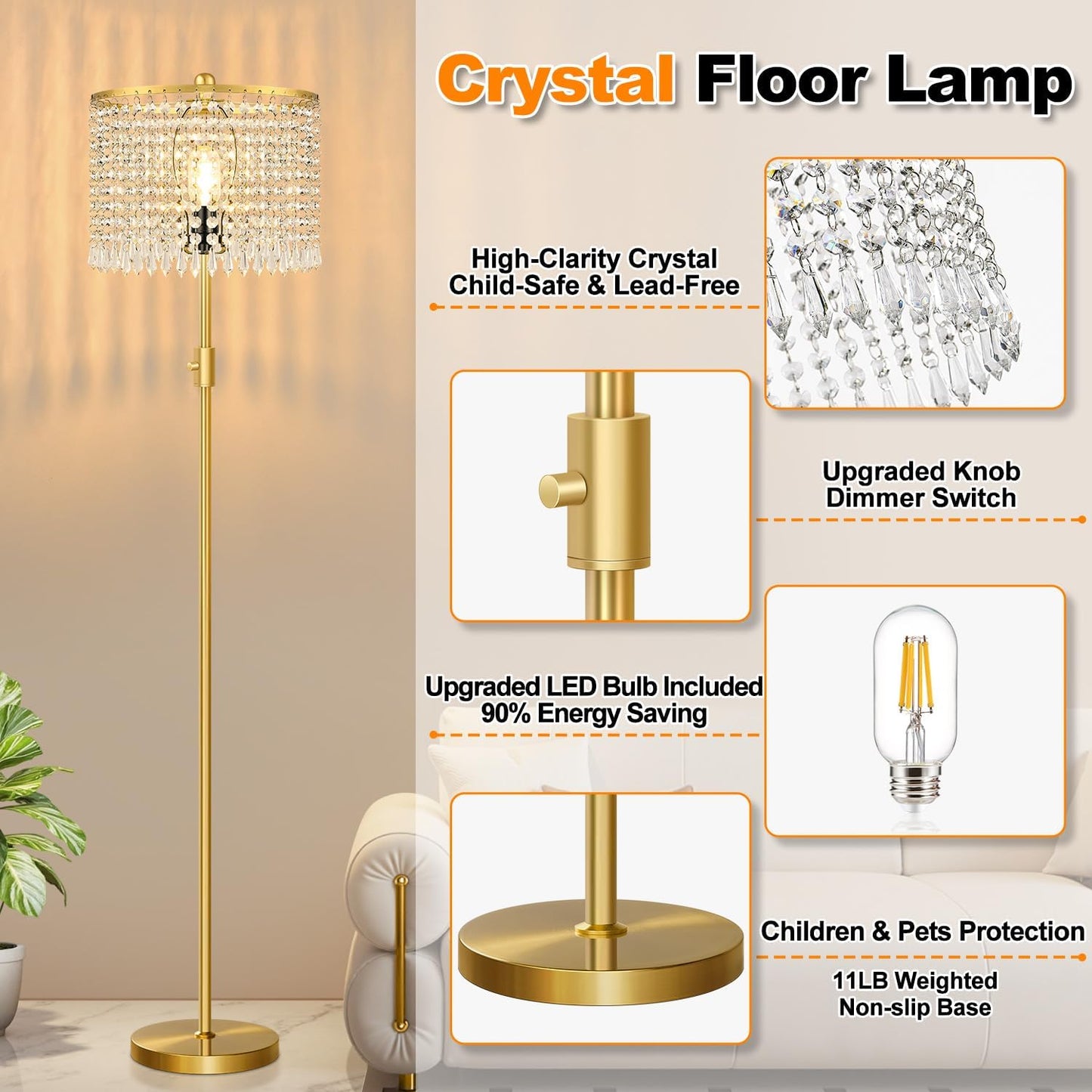 【Upgraded】 Dimmable Crystal Floor Lamps for Living Room, 1000LM LED Bulb Included, Standing Lamp with Knob Switch, Tall Gold Pole Light for Bedroom Nursery Office Corner Reading