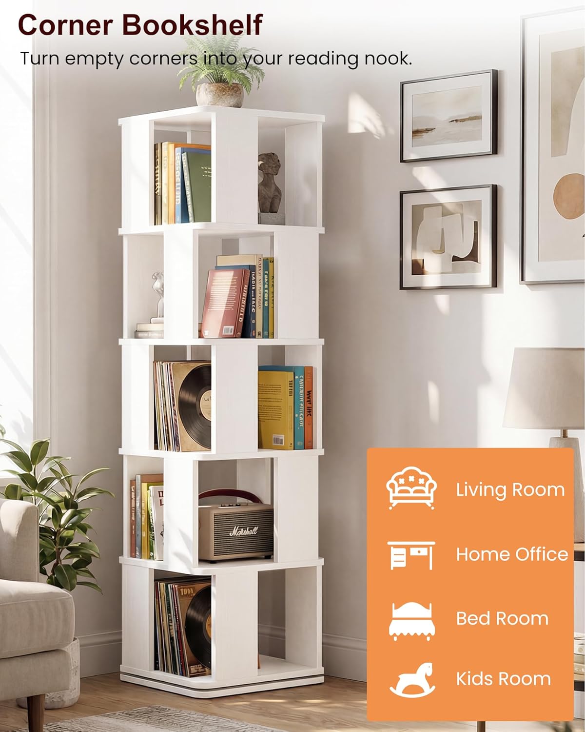 Foxemart 5-Tier Rotating Bookshelf Tower, 360° Spinning Modern Book Storage Bookcase, Stable Display Corner Book Shelf for Kids Room, Living Room, Bedroom, Home Office, White