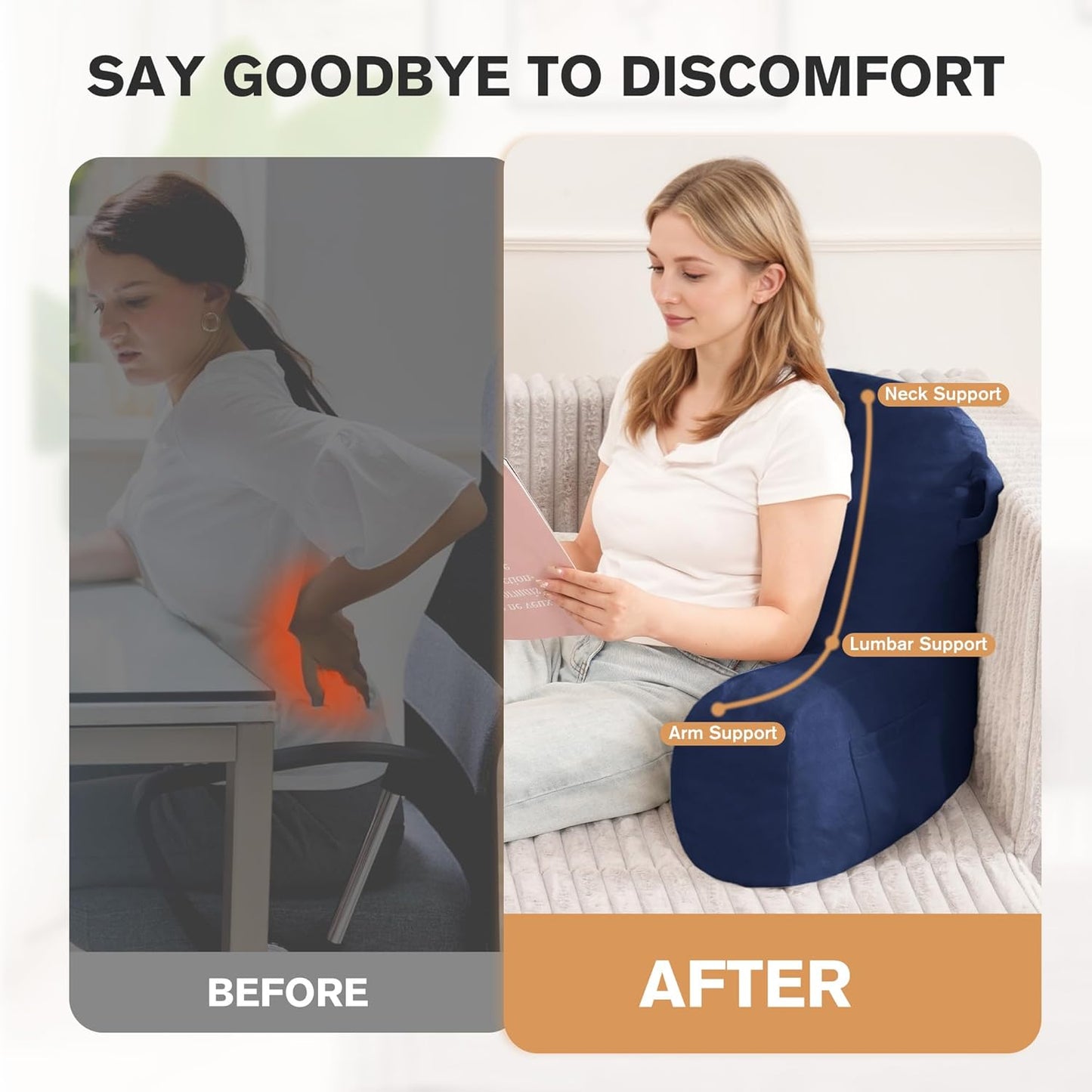 Portable Comfy Reading Pillows for Bed Sitting Up(Royal Blue Oeko-Tex), Velvet Back Pillow with Arms & Pockets for Adults, Support Memory Foam Bed Pillow for Dorm/Reading/Watching/Gaming