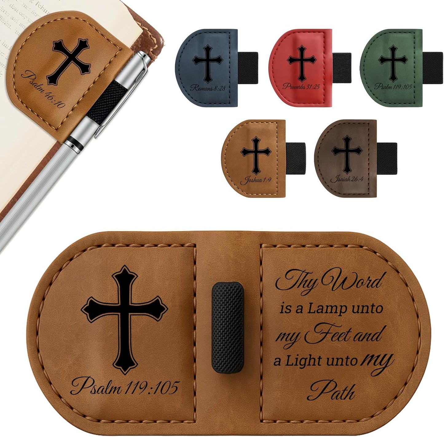 Bygone Mark Personalized Leather Bookmark with Pen Holder - Magnetic Bible Verse Design, Inspirational Gifts for Men and Women, Christian Book Lovers Reading Accessory (Brown-Psalm 119：105)