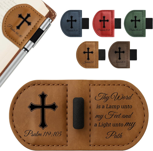 Bygone Mark Personalized Leather Bookmark with Pen Holder - Magnetic Bible Verse Design, Inspirational Gifts for Men and Women, Christian Book Lovers Reading Accessory (Brown-Psalm 119：105)