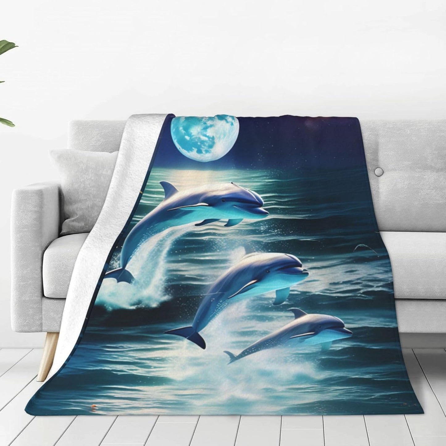 Dolphin Blanket for Kids Women Adults Dolphin Blanket Gifts 60" x 50" Flannel Dolphin Moon Ocean Throw Blanket for Bed Living Room Sofa Couch Soft Warm Lightweight Cozy Dolphin Decor