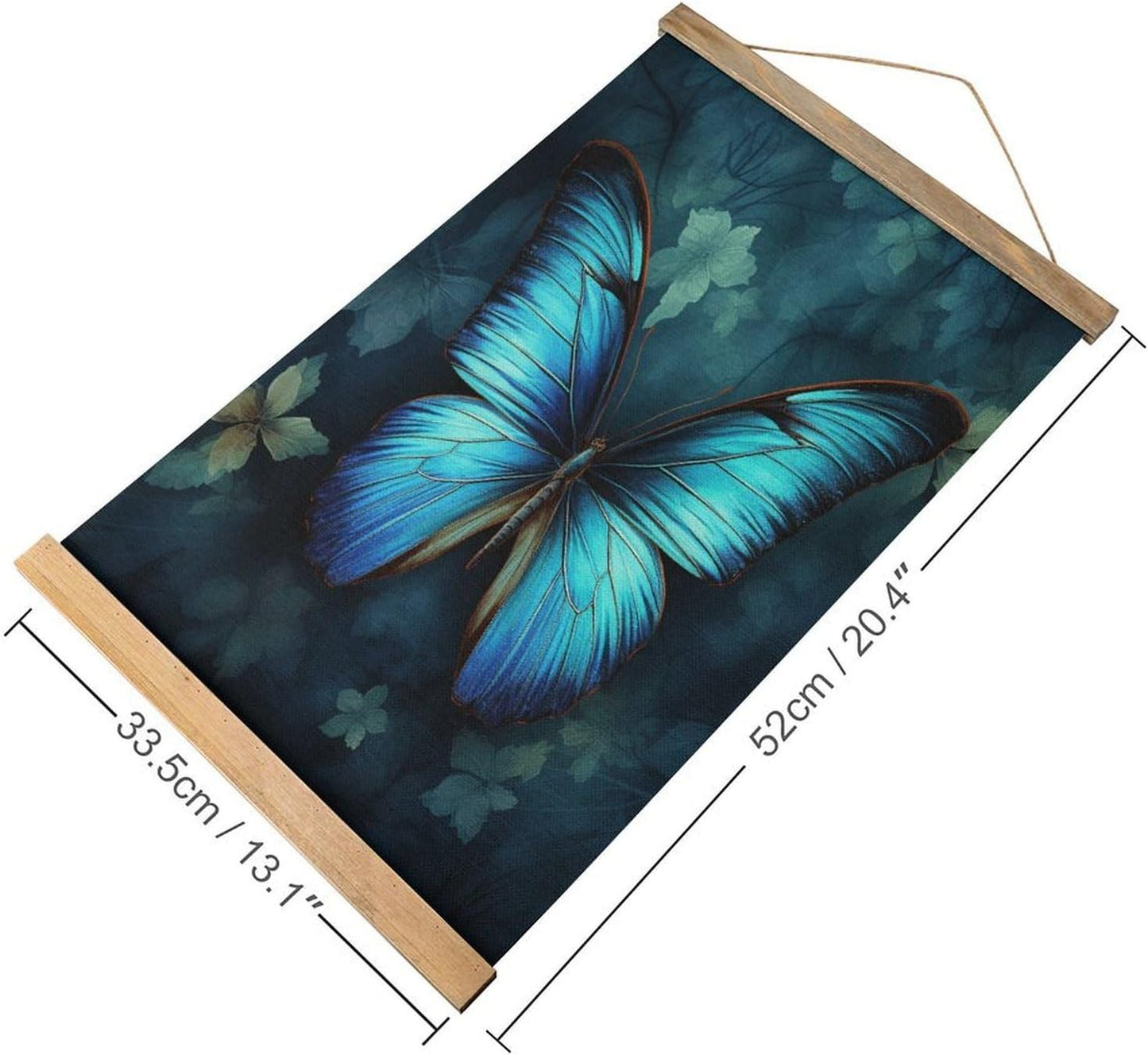 Vintage Blue Butterfly Pattern Poster with Wooden Frame Personalized Linen Hanging Scroll Painting Rustic Wall Hanging Illustrative Modern Artwork Decor for Home Living Room Bedroom Office