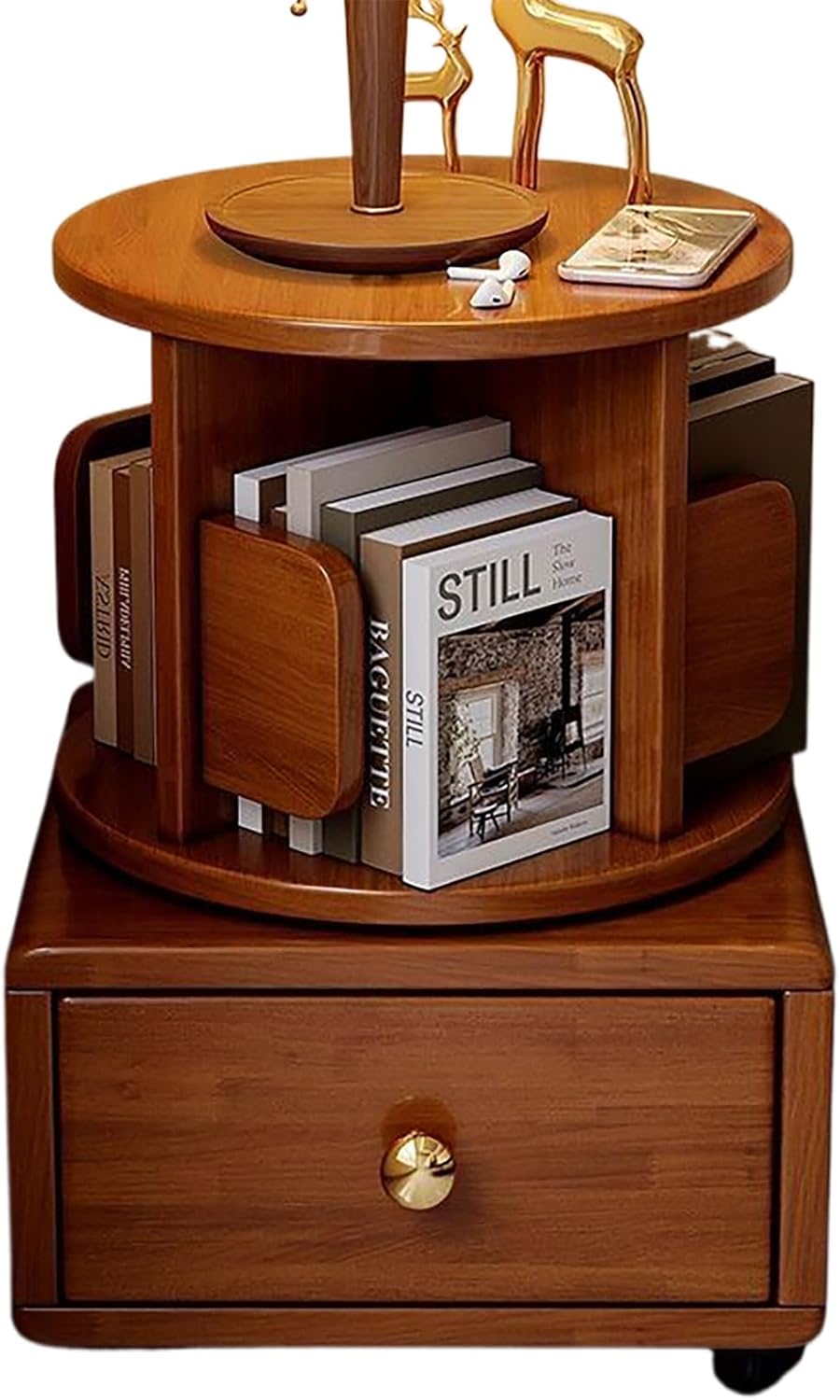 Walnut Rotating Bookshelf with Wheels, 360° Rotary Bookcase, Stackable Picture Book Rack with Drawers, Space-Saving Storage for Living Room and Bedroom