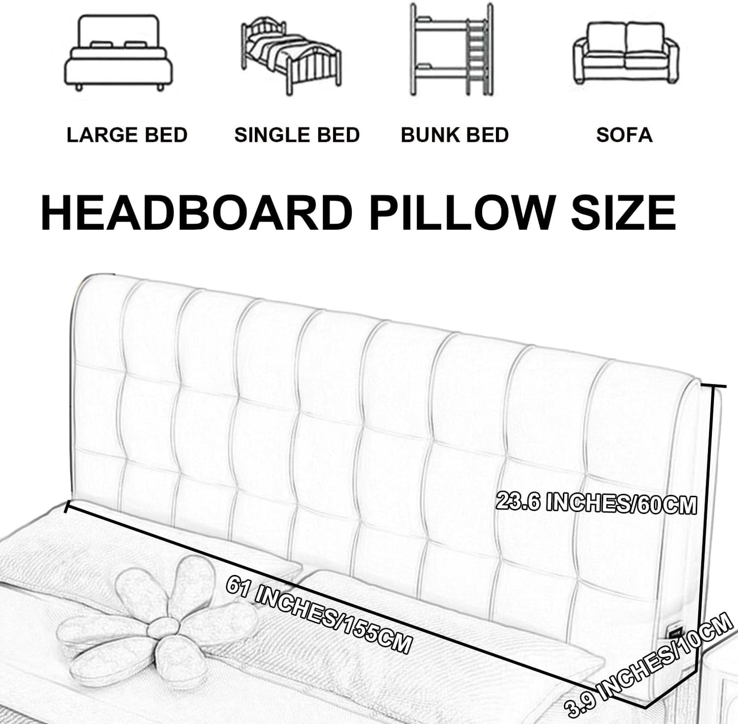 Gray Headboard Pillow with Straps - 63x23x4in, Upholstered Lumbar Support Cushion for Double Bed, Full Size Backrest, Removable Cover for Dorm, Hotel, Daybed. (Green Straps/61x23x4