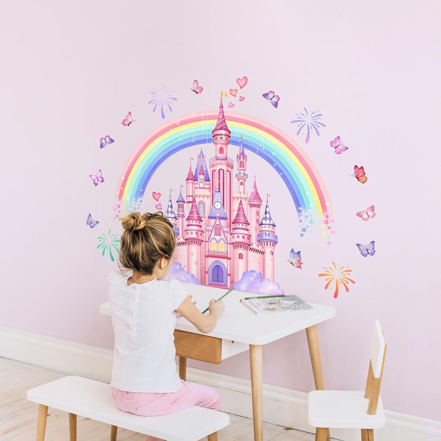 Rainbow Castle Wall Stickers, Watercolor Fireworks Butterflies Wall Decals Peel and Stick Wall Decal Self Adhesive Home Decor for Girls Nursery Kids Room