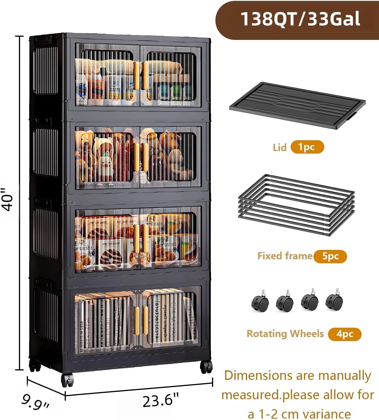 4-Tier Stackable Storage Bins with Lid,Foldable Plastic Drawer Storage with Wheels,Closet Organizers and Storage for Living Room, Office, Dorm